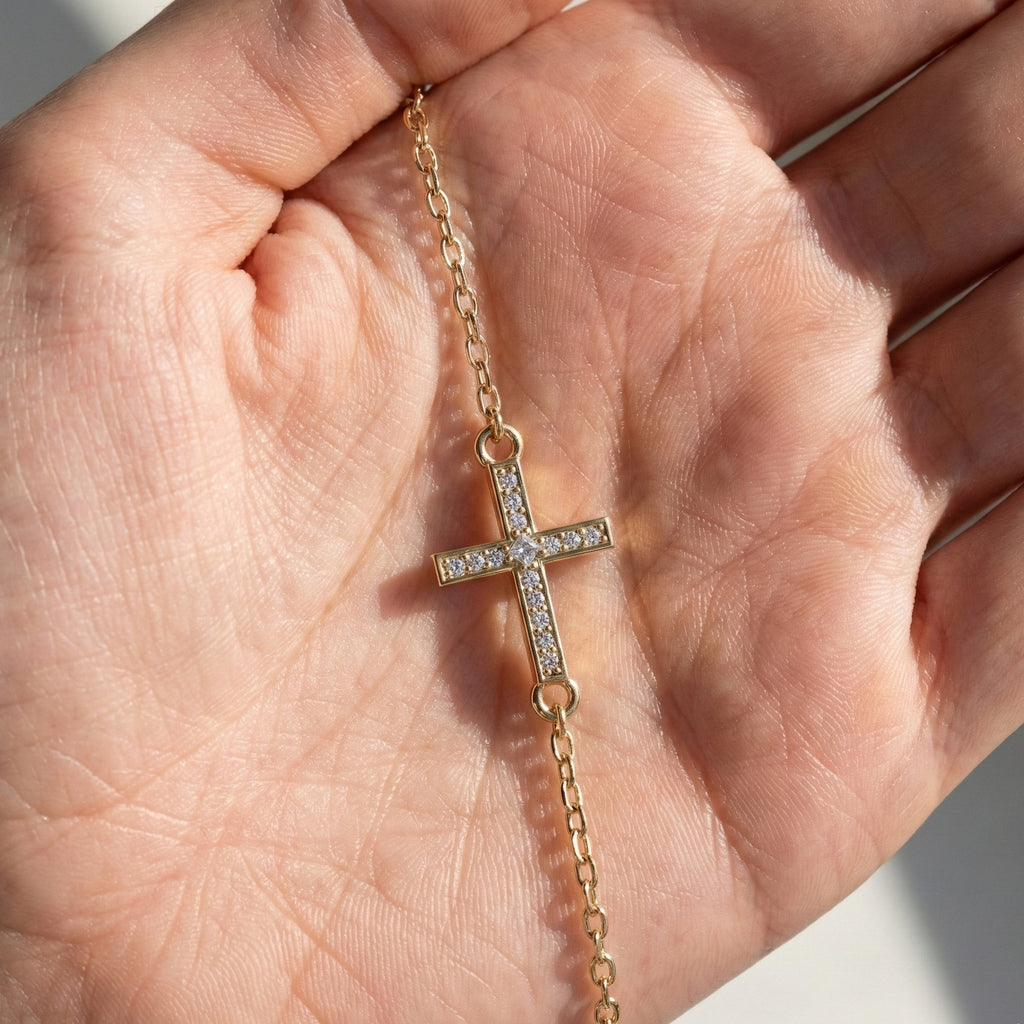 Horizontal Cross Dainty Chain Bracelet in 14k Solid Gold, 0.09 TCW Round Cut Lab Grown Diamonds, Promise Jewelry, Religious Gift for Wife