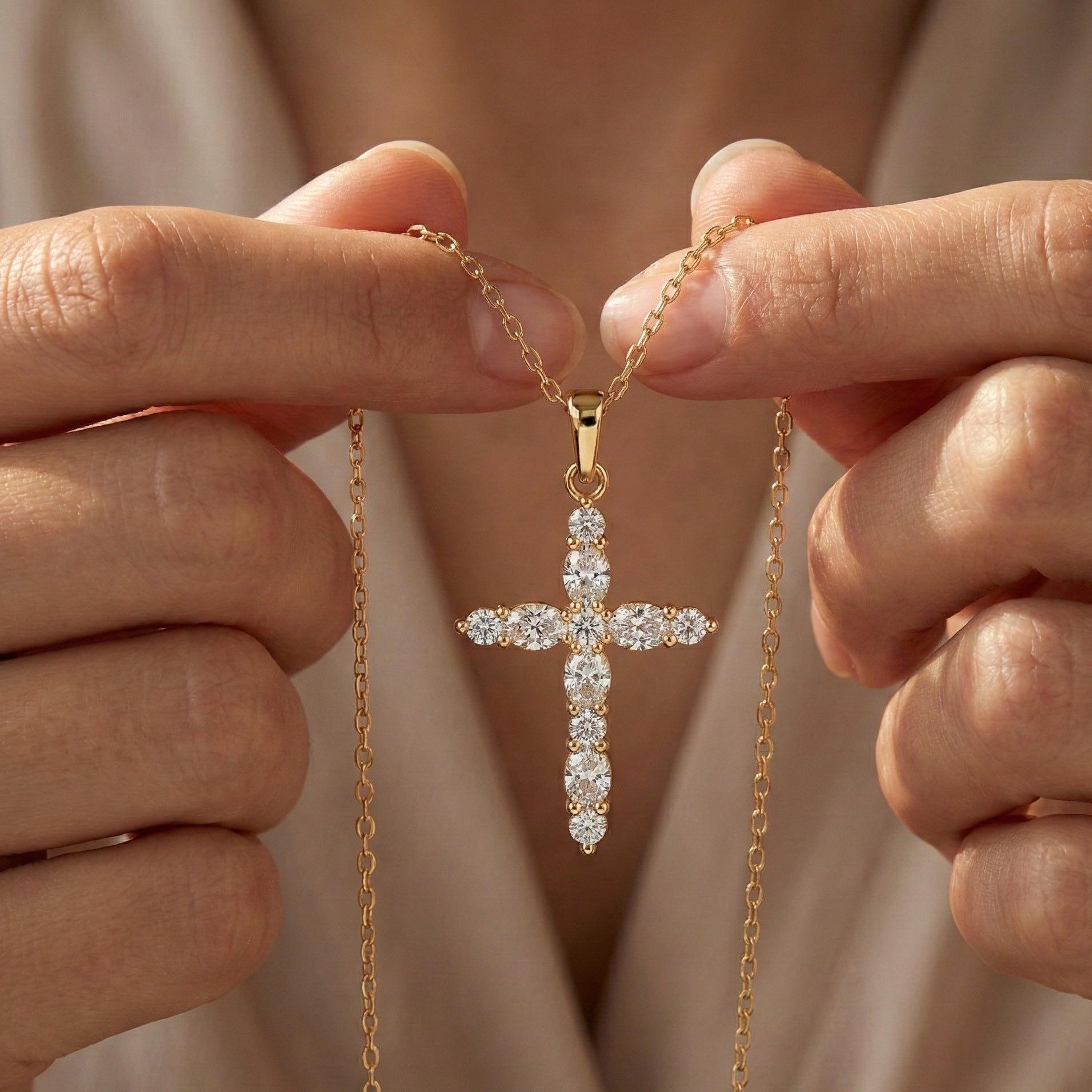 Petite Cluster Cross Pendant in 14k Solid Gold, 1.07 TCW Oval/Round Cut Lab Grown Diamonds, Birthday Jewelry, Gift For Her