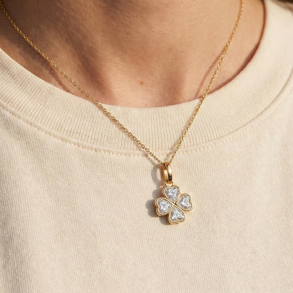 Romantic Heart Clover Floral Pendant in 14K Solid Gold, 2.00 TCW Heart Cut Lab Grown Diamonds, Everyday Gift for Her, Bridal Jewelry