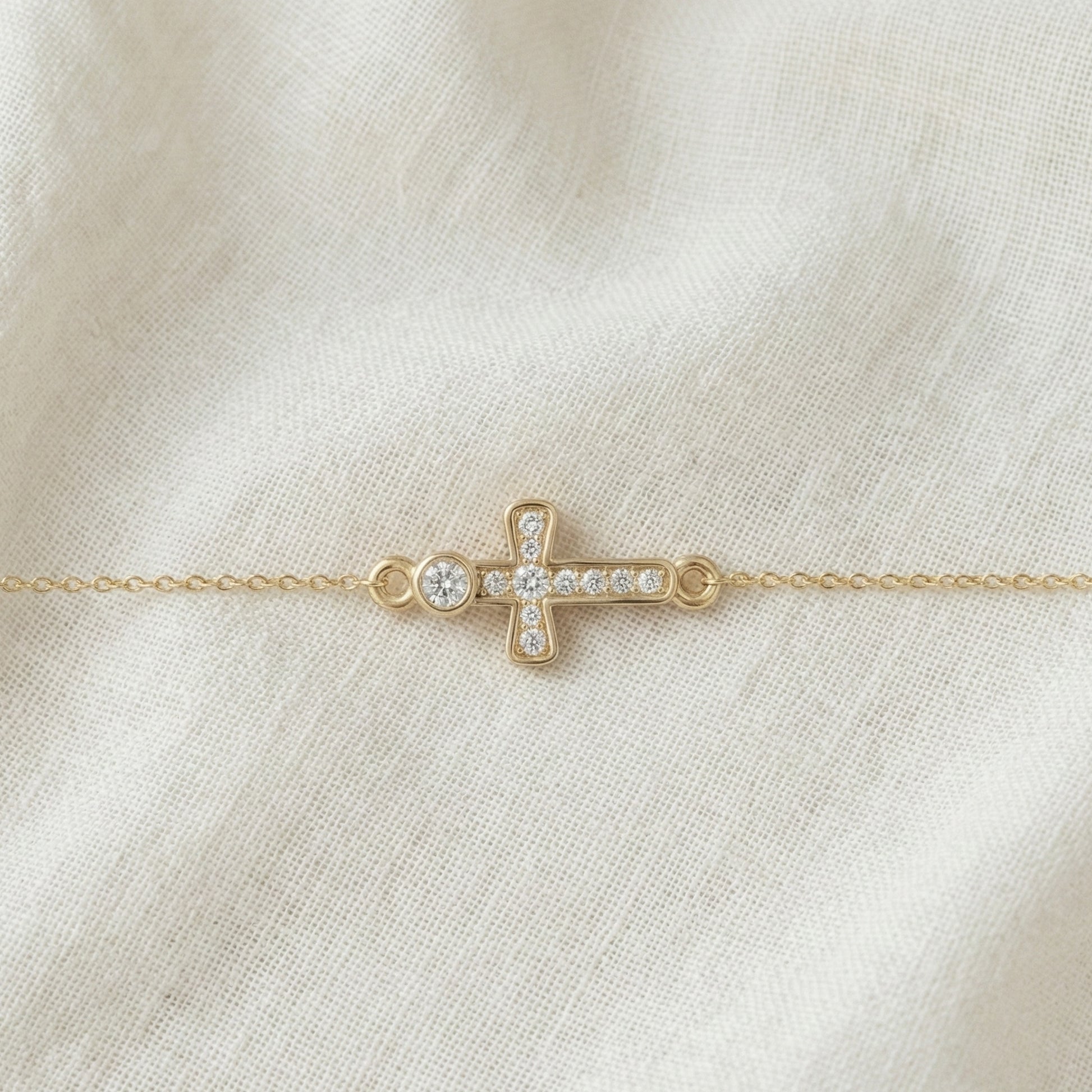 Sparkling Bezel and Cross Chain Bracelet in 14K Solid Gold, 0.13 TCW Round Cut Lab Created Diamonds, Birthday Gift For Her, Faith Jewelry