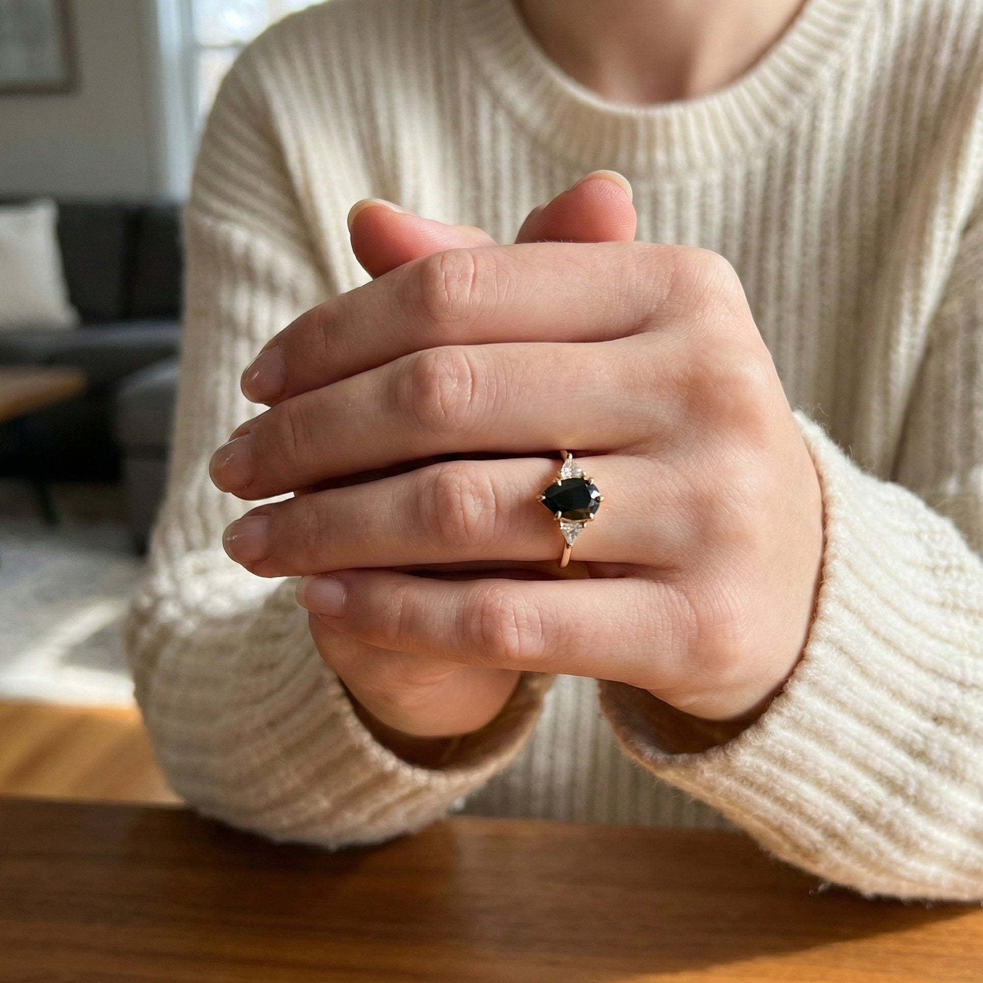 Modern Black Pear Cut Trillion Side Stone Trilogy Engagement Ring in 14K Solid Gold, 1.00 CT Pear Cut Black Gemstone, Handmade Bridal Jewelry