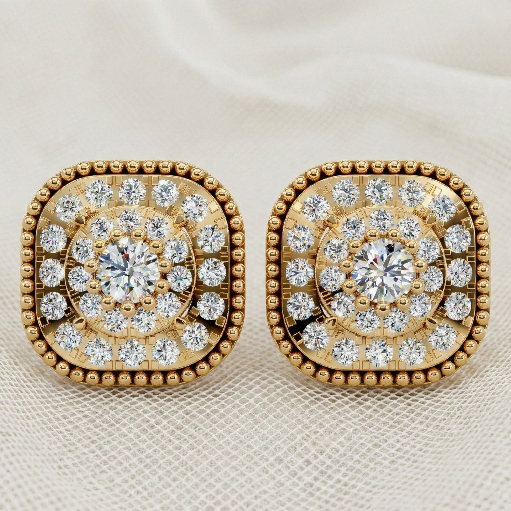 Vintage Cushion Halo Double Layer Cluster Wedding Earrings in Lab Grown Diamond - 14k Solid Gold, Milgrain Earrings for Women, Everyday Jewelry