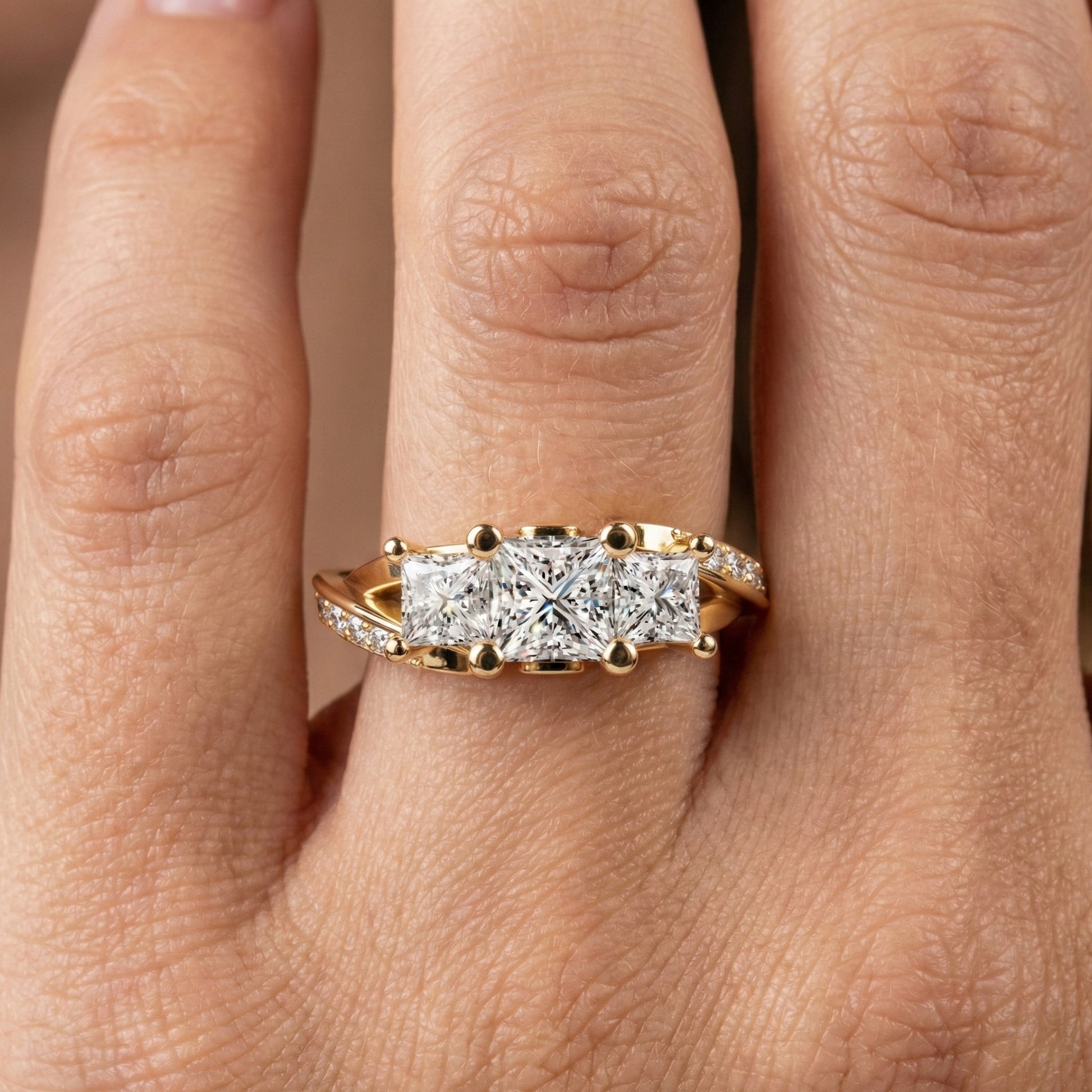 Three-Stone Princess Cut Bypass Pave Engagement Ring in 14K Solid Gold, 0.75 TCW Princess Cut Lab Grown Diamonds, Birthday Gift for Wife