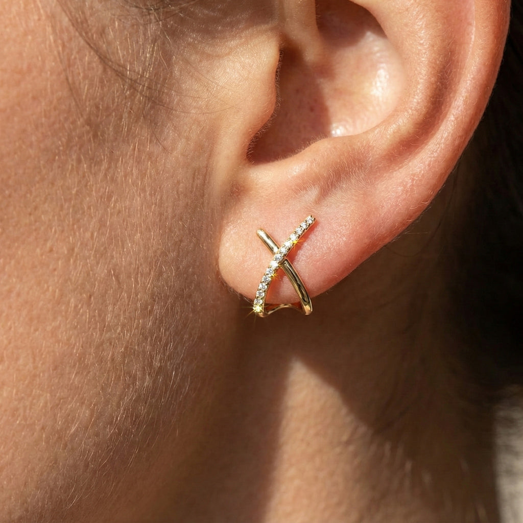 14K Solid Gold Twisted X Diamond Earrings, Modern Criss Cross Wedding Studs, Minimalist Huggie Hoops, Unique Anniversary Gift for Wife