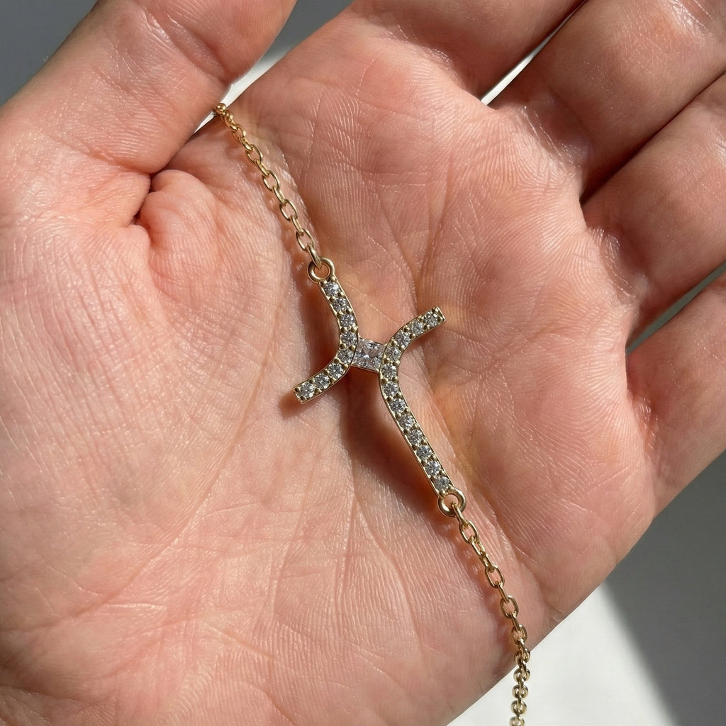 Dainty Arch Cross Chain Bracelet in 14K Solid Gold, 0.30 TCW Princess/Round Cut Lab Grown Diamonds, Fashion Bracelet, Anniversary Gift for Her