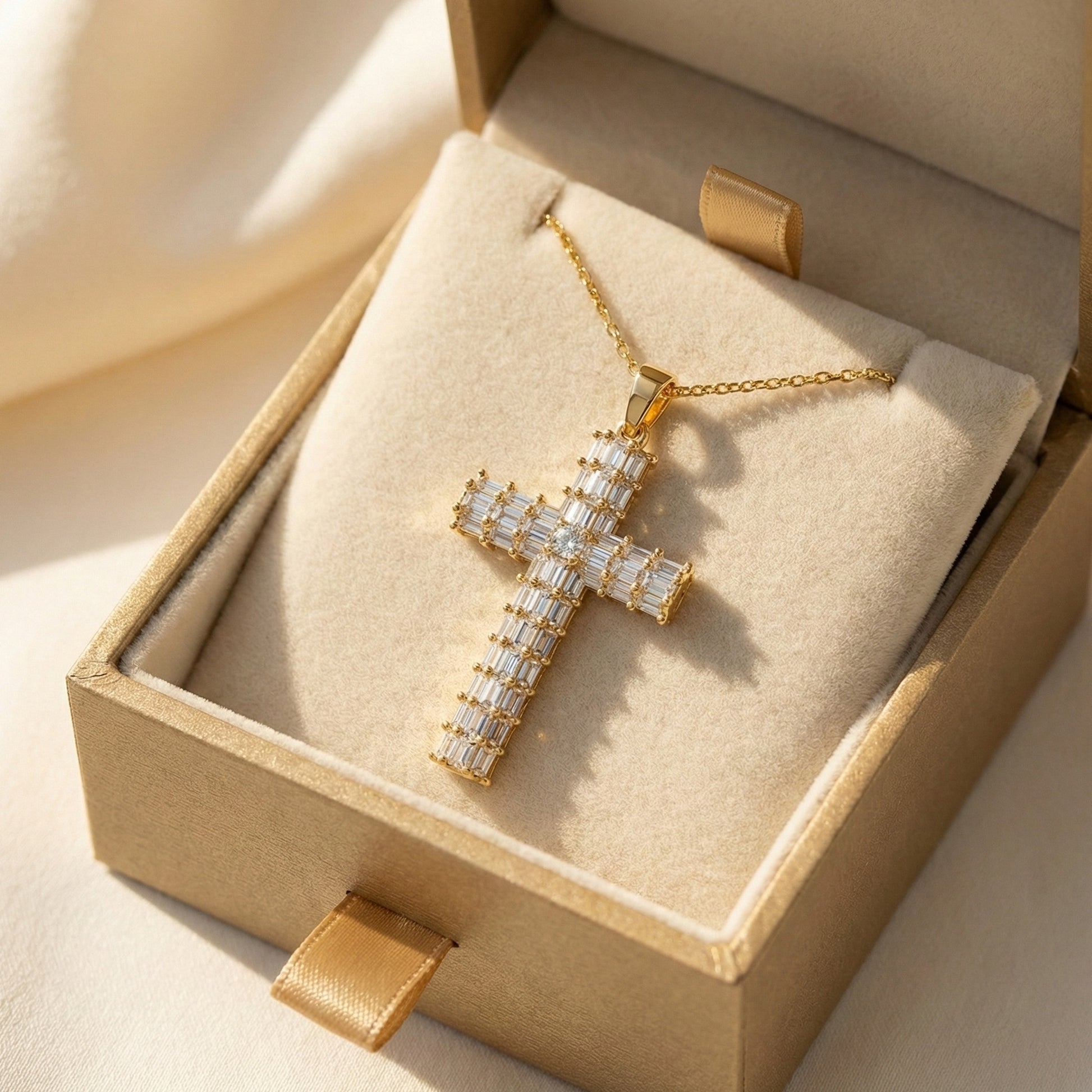 Geometric Baguette Cross Pendant in 14K Solid Gold, 1.98 TCW Baguette/Princess Cut Lab Created Diamonds, Statement Bridal Jewelry, Wedding Gift