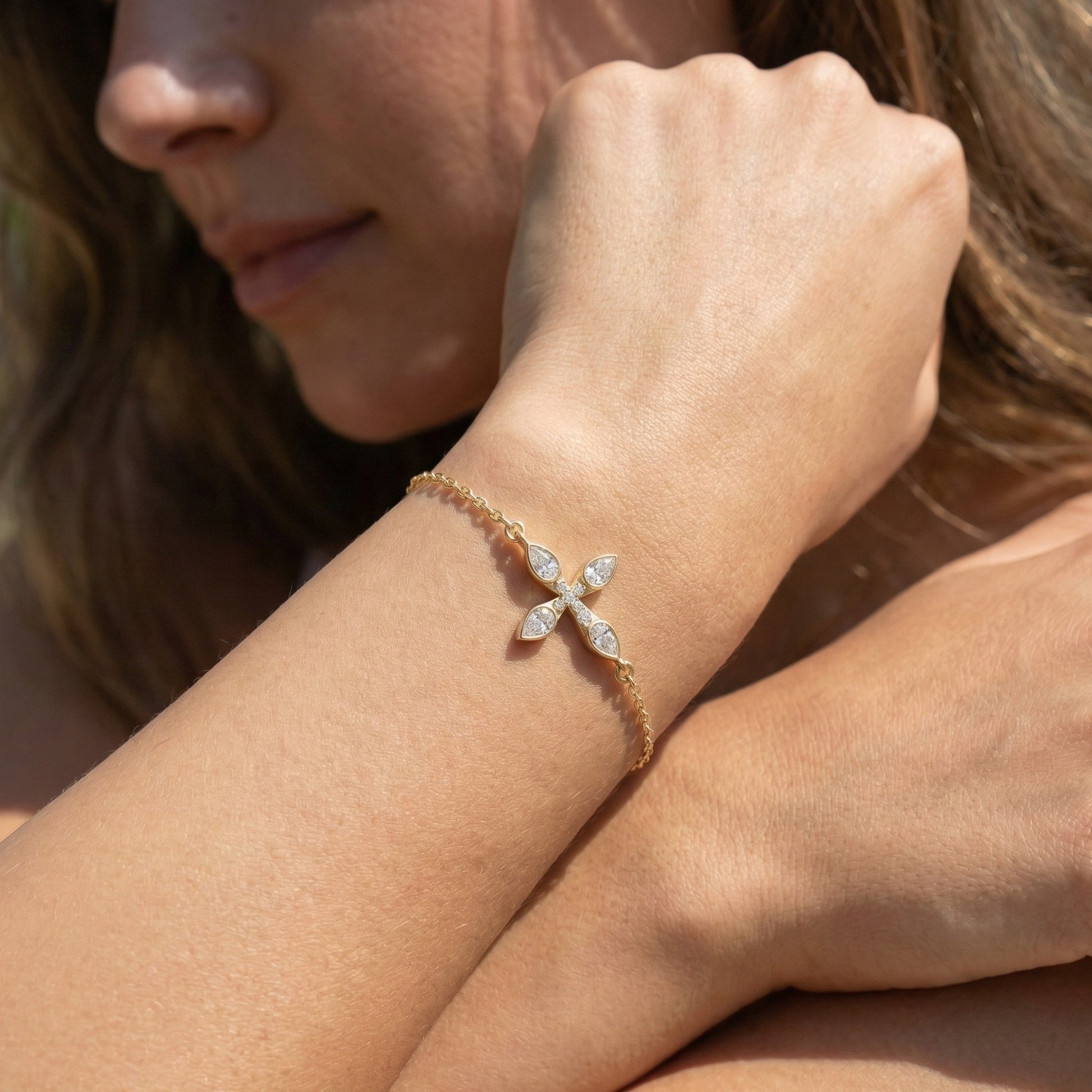 Dainty pear petal cross Chain bracelet in 14K Solid Gold, 0.60 Pear Cut Lab Created Diamonds, Everyday Bracelet, Religious Gift for Her
