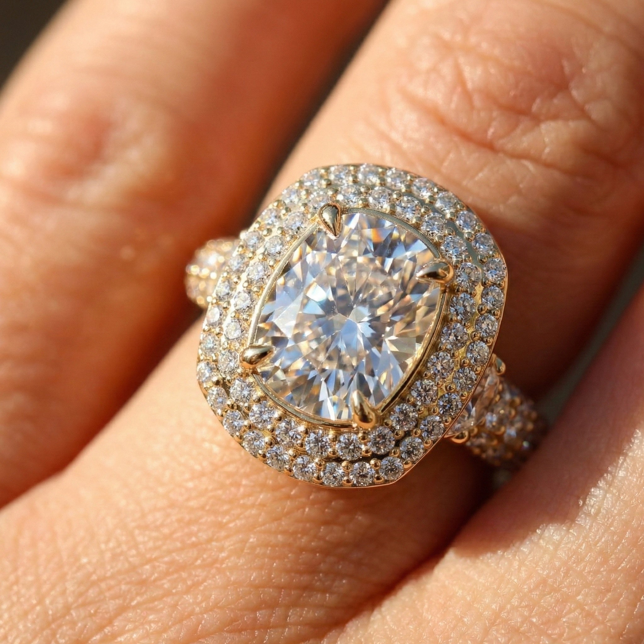 Elegant Double Halo Pave Engagement Ring in 14k Solid Gold, 1.75 CT Cushion Cut Lab Created Diamond, Anniversary Gift For Wife, Party Wear Jewelry