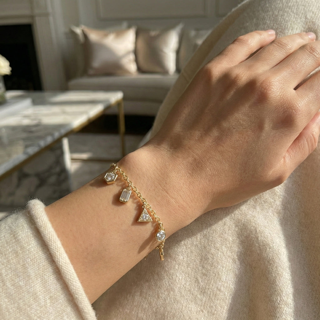 Geometric Crystal Charm Drop Chain Bracelet in 14K Solid Gold, 1.70 TCW Multi Shaped Lab Grown Diamonds, Unique Dainty Bracelet, Wedding Gift for Her, Minimalist Bracelet