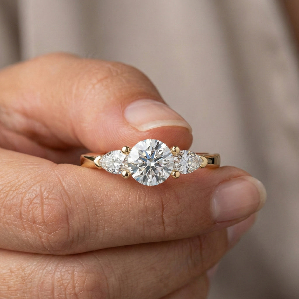 Elegant Three Stone Engagement Ring in 14K Yellow Gold, 1.05 TCW Pear/Round Cut Lab Grown Diamonds, Antique Simple Ring, Anniversary Gift For Her
