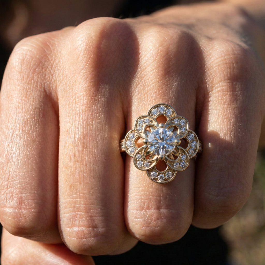 Floral Romantic Bloom Halo Unique Engagement Ring in Solid 14k Gold, Bridal Gift for Wife, Elegant Cluster Anniversary Ring