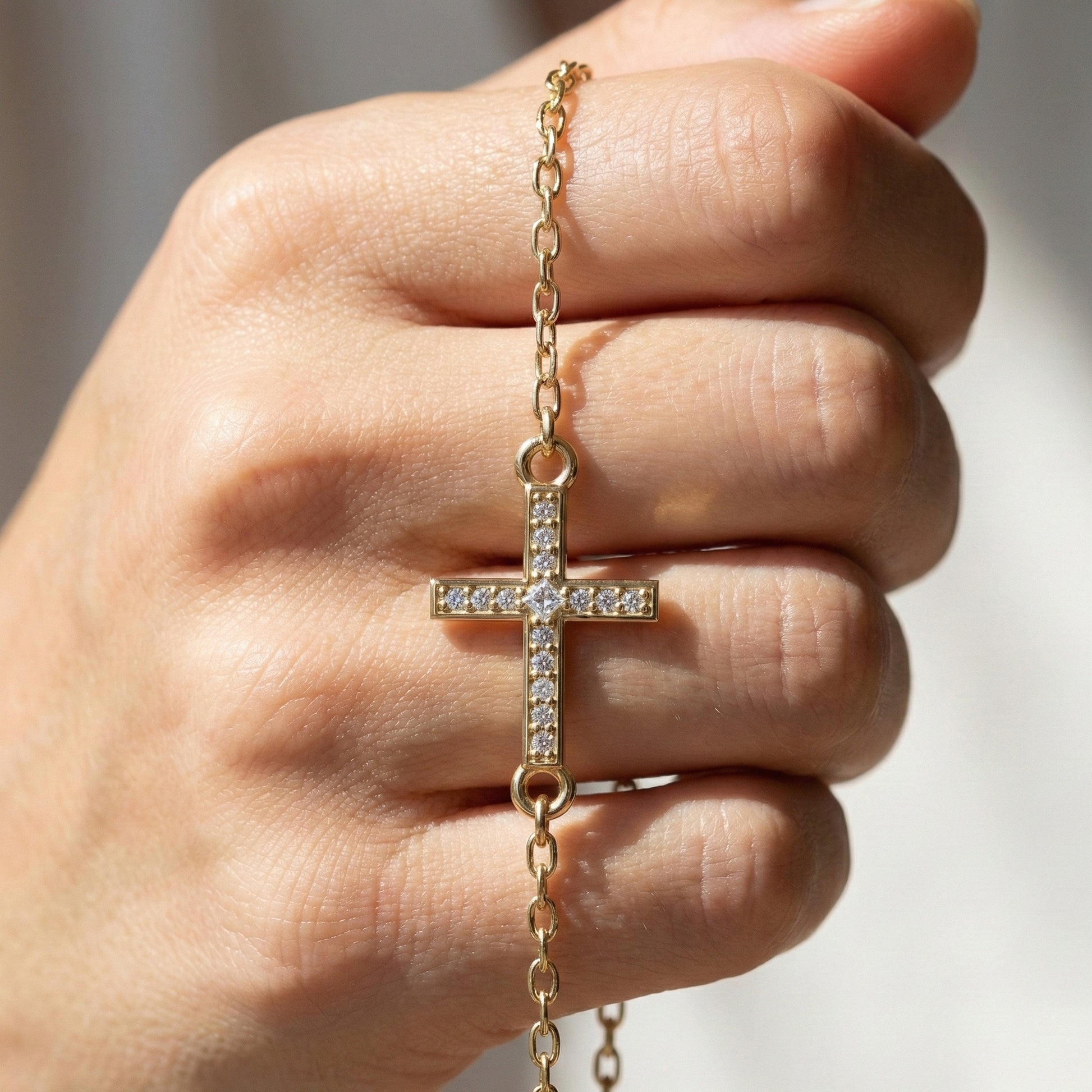 Horizontal Cross Dainty Chain Bracelet in 14k Solid Gold, 0.09 TCW Round Cut Lab Grown Diamonds, Promise Jewelry, Religious Gift for Wife