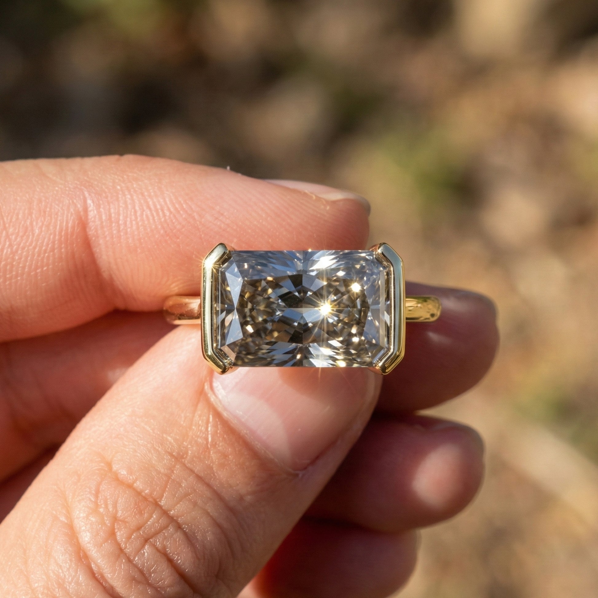 3.00 CT East West Gray Radiant Cut Half Bezel Solitaire Engagement Ring in Lab Diamond or Moissanite – 14k Solid Gold, Anniversary Gift for Her, Everyday Jewelry