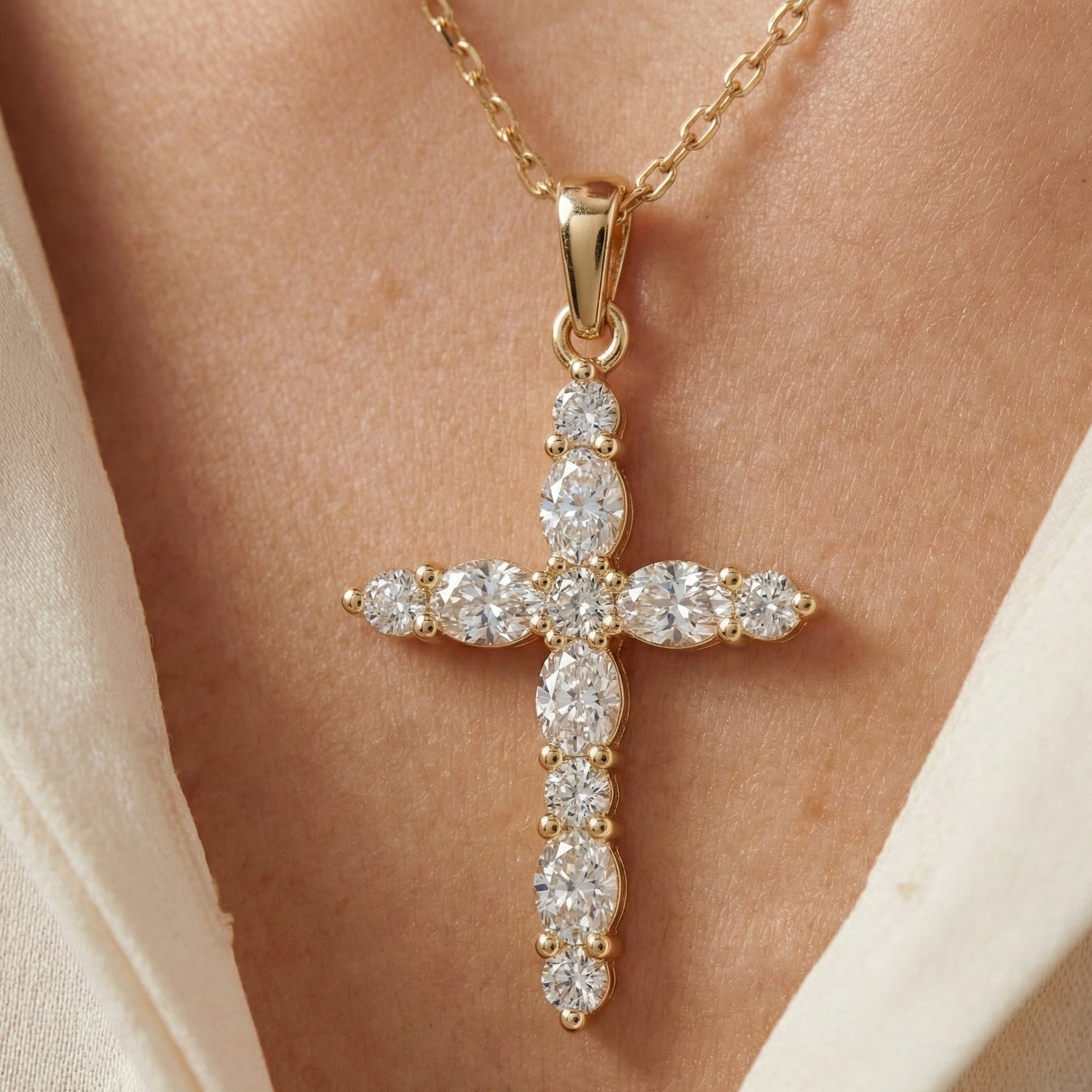 Petite Cluster Cross Pendant in 14k Solid Gold, 1.07 TCW Oval/Round Cut Lab Grown Diamonds, Birthday Jewelry, Gift For Her