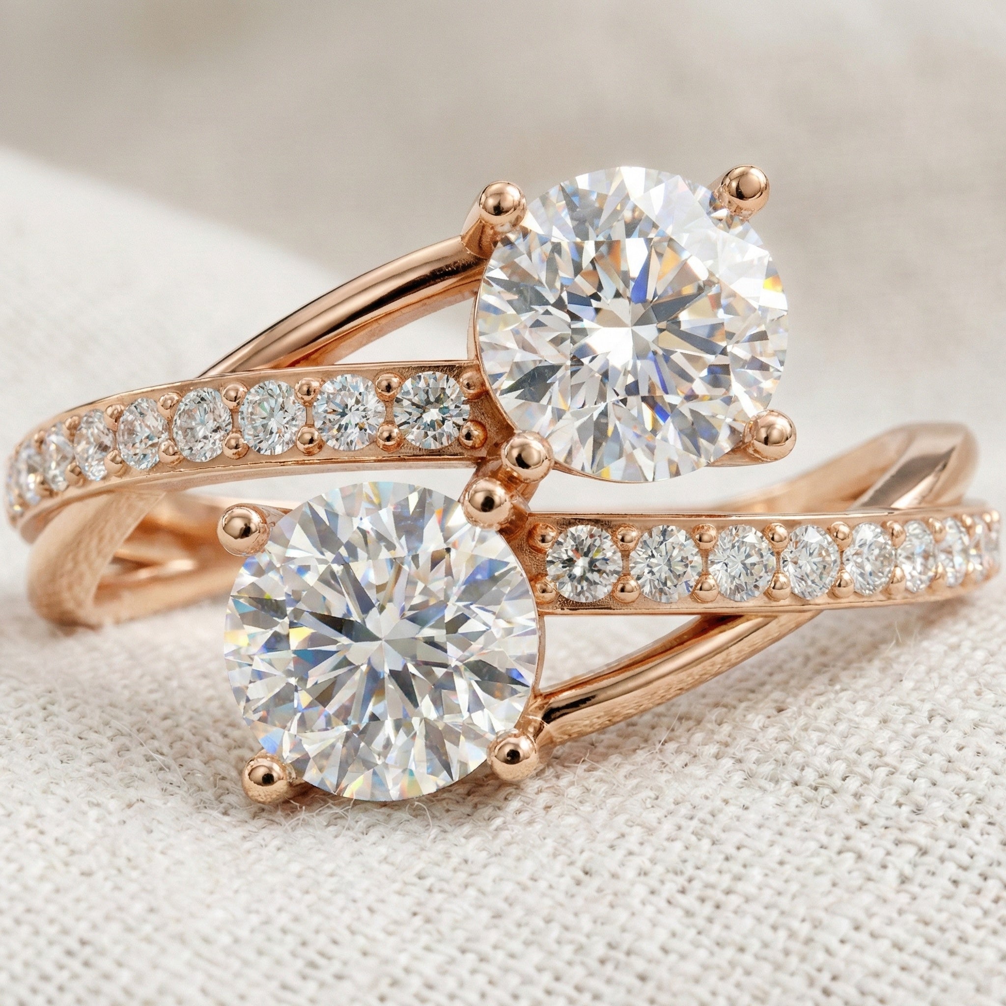 Twisted Pavé Double Stone Engagement Ring in 14K Solid Gold, Anniversary Gift for Wife, Modern Elegant Twisted Bypass Ring
