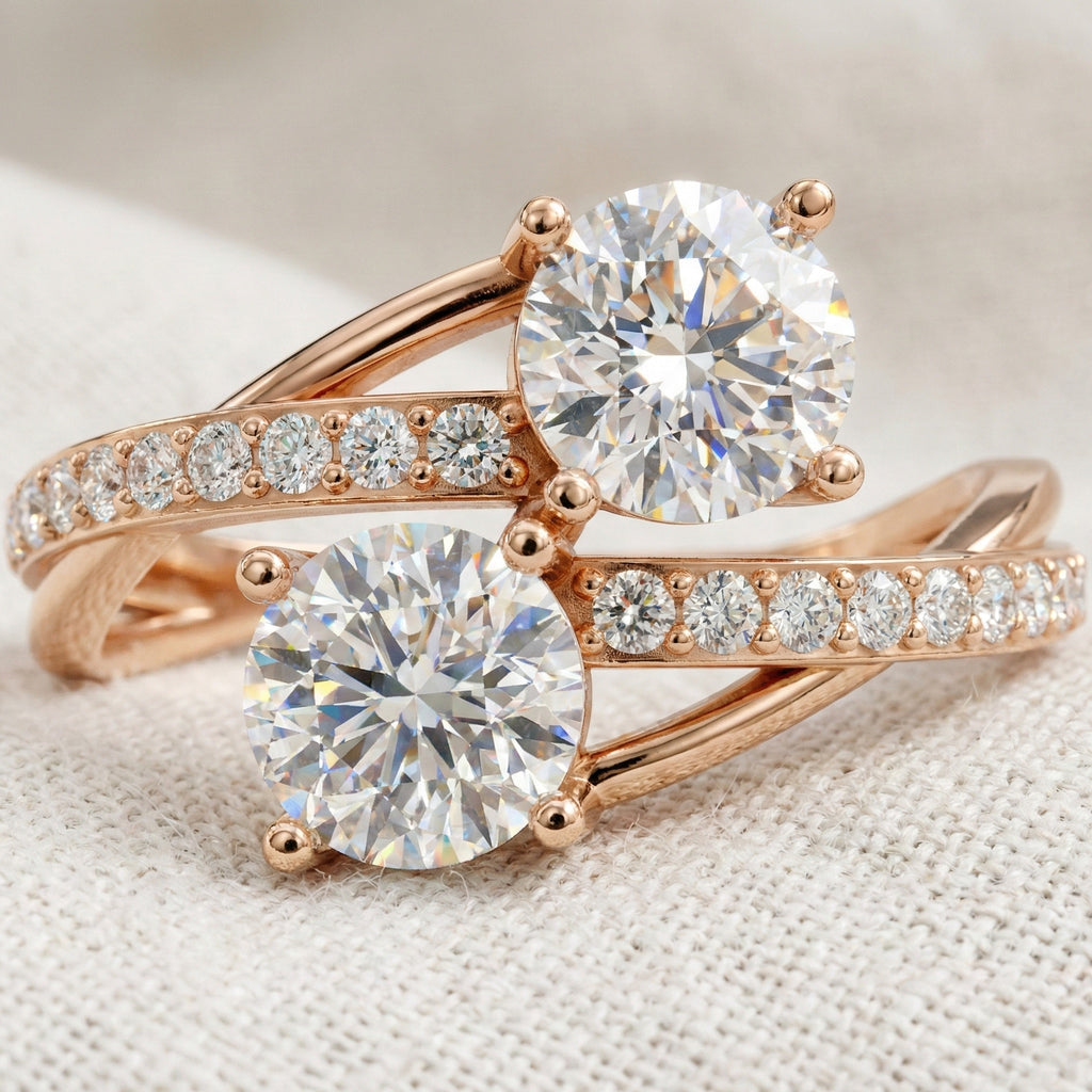 Twisted Pavé Double Stone Engagement Ring in 14K Solid Gold, Anniversary Gift for Wife, Modern Elegant Twisted Bypass Ring