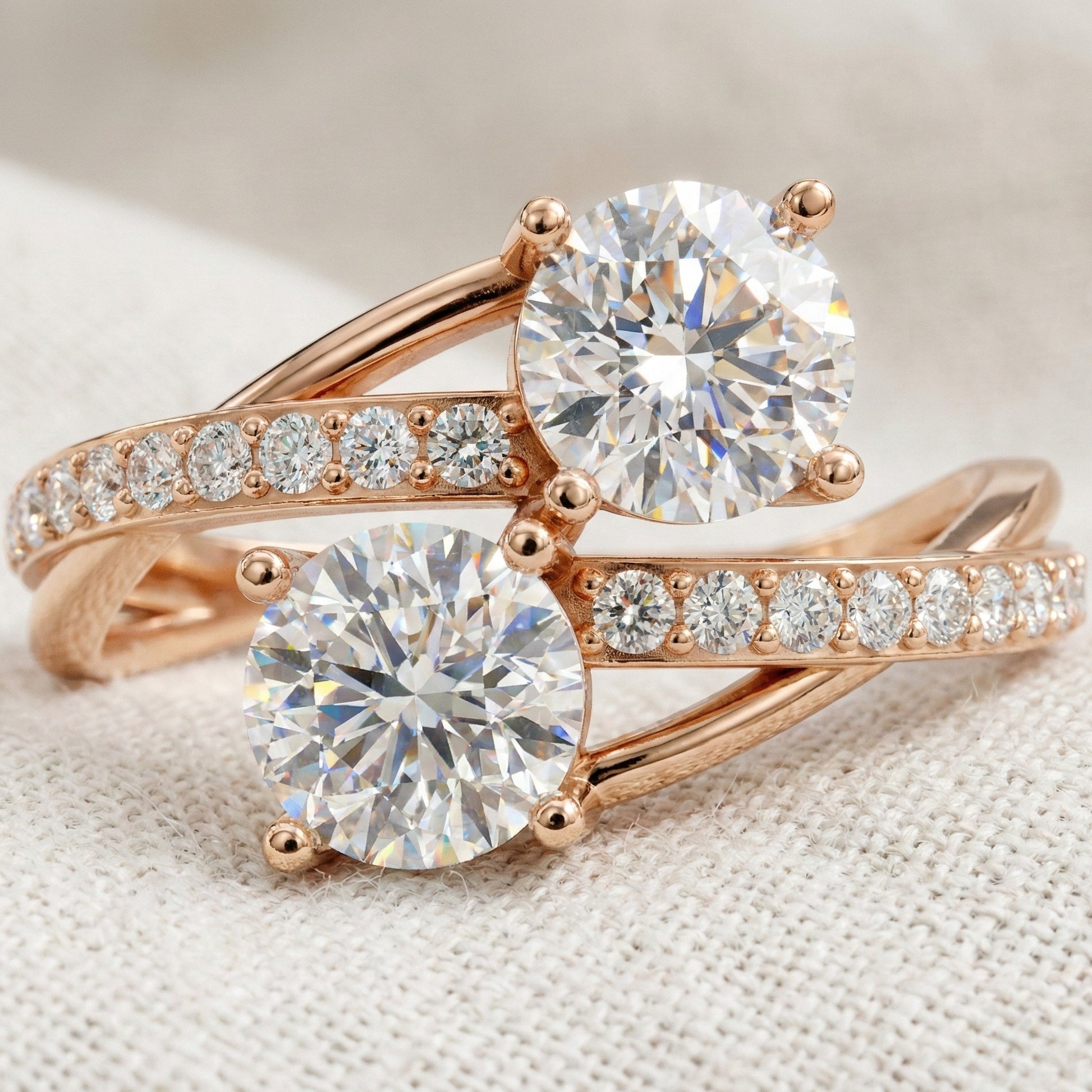 Twisted Pavé Double Stone Engagement Ring in 14K Solid Gold, Anniversary Gift for Wife, Modern Elegant Twisted Bypass Ring