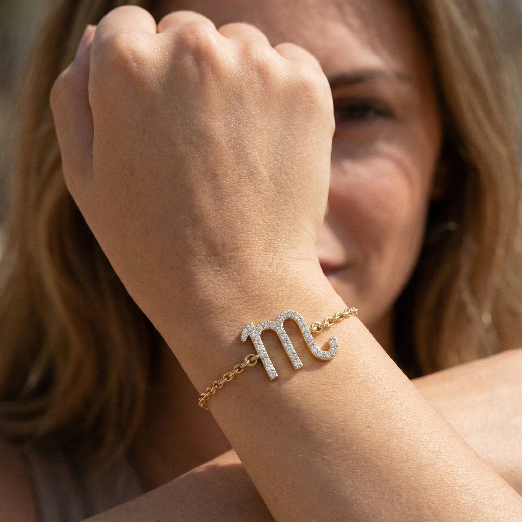 Minimalist Scorpio Symbol Bracelet in 14K Solid Gold, 0.31 TCW Round Cut Lab Created Diamonds, Personalized Astrology Birthday Gift for Her