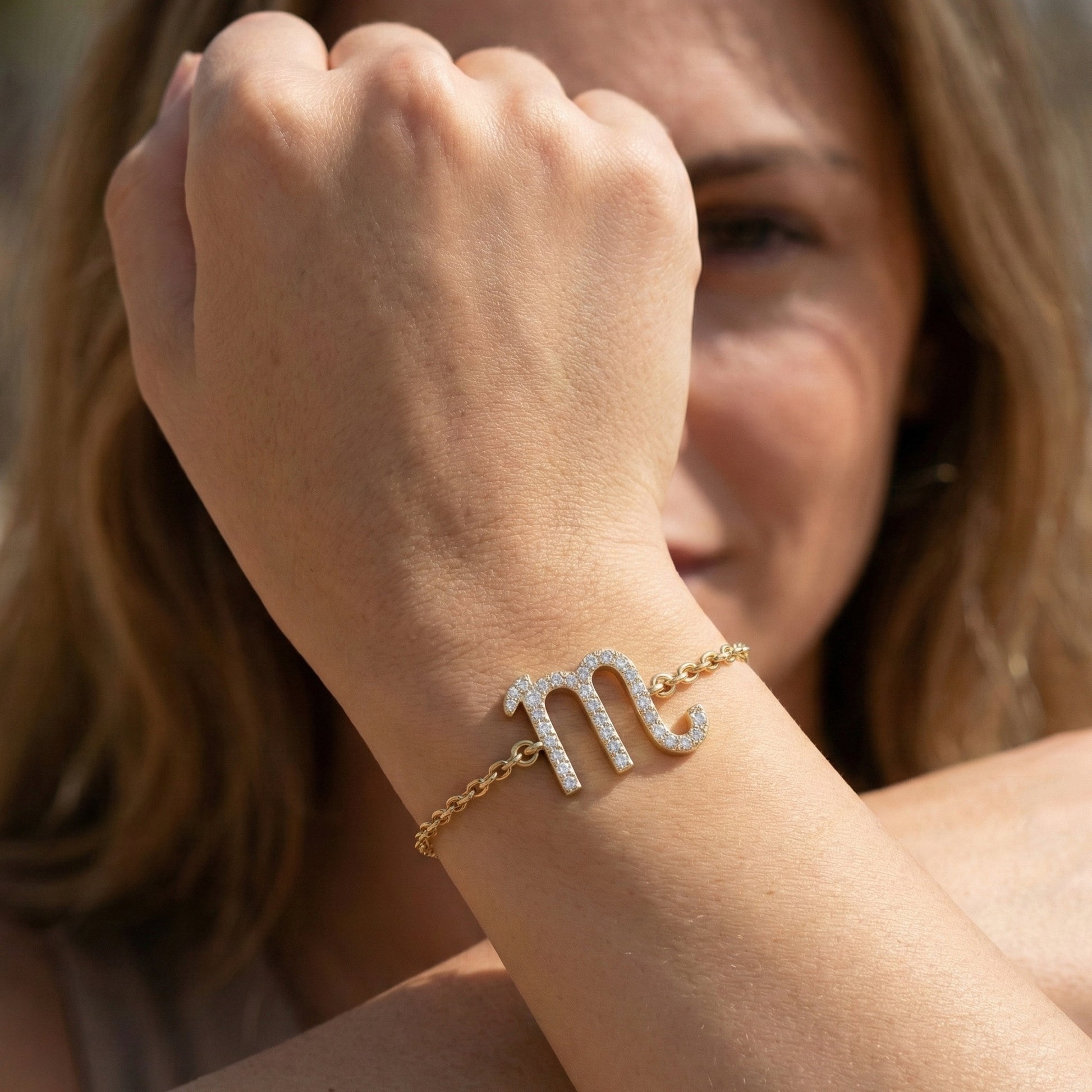 Minimalist Scorpio Symbol Bracelet in 14K Solid Gold, 0.31 TCW Round Cut Lab Created Diamonds, Personalized Astrology Birthday Gift for Her