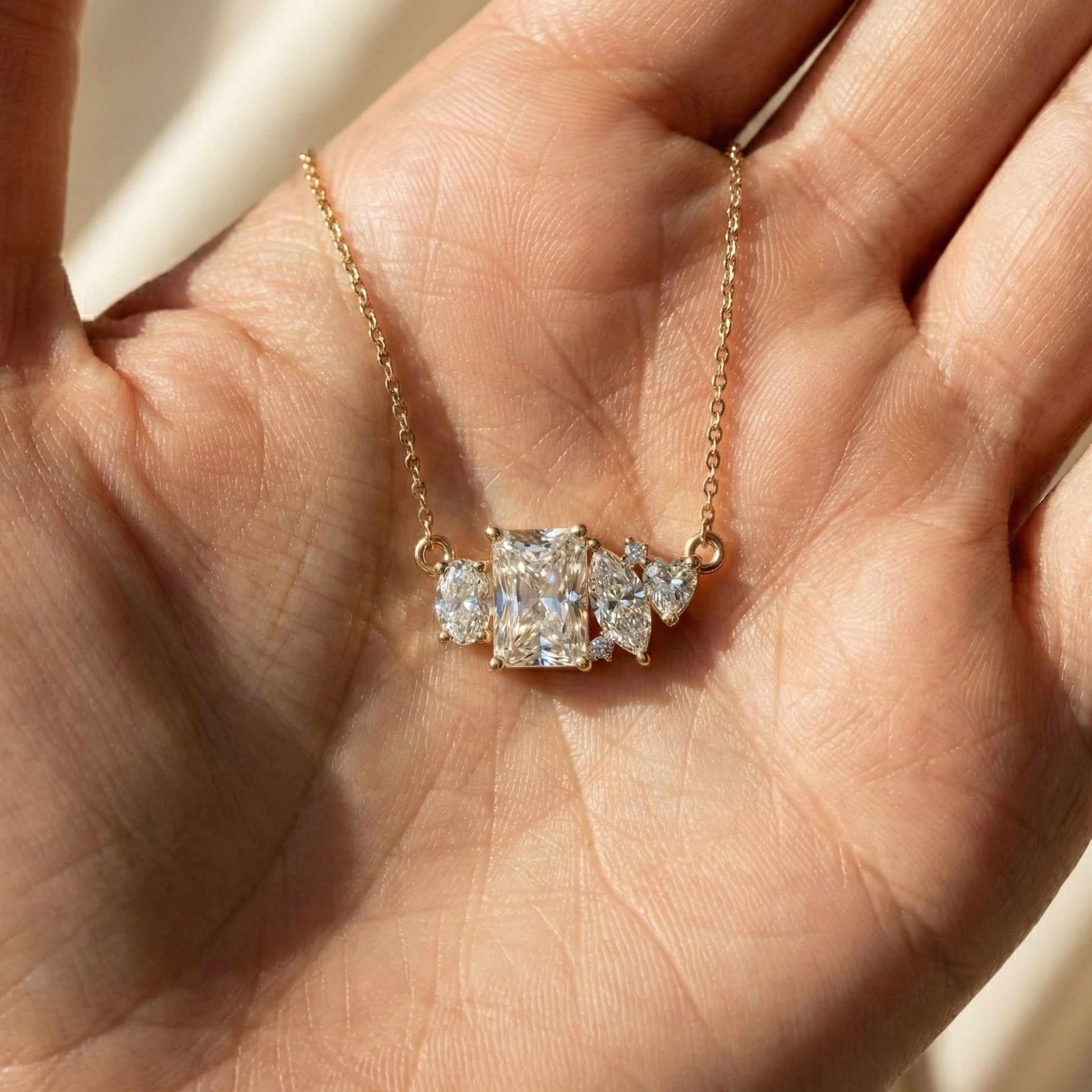 Radiant Cut Modern Cluster with Mixed Stone Cluster Wedding Pendant in Lab Grown Diamond-14k Solid Gold, Birthday Gift for Women, Handmade Jewelry