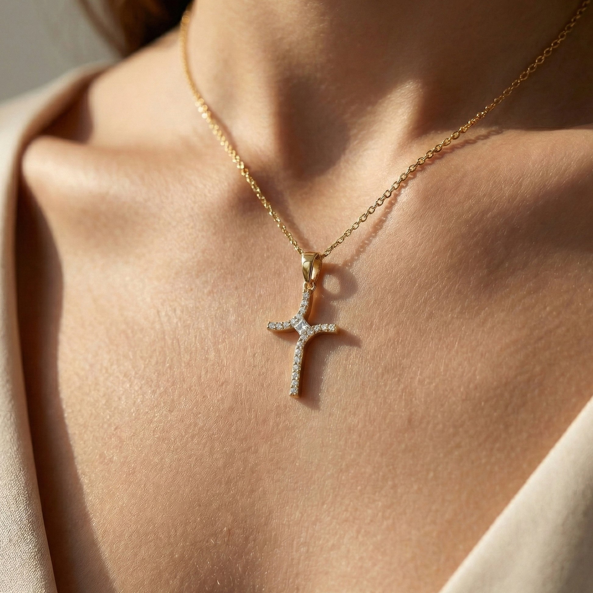 Artisan Angled Cross Pendant in 14K Solid Gold, 0.30 TCW Princess/Round Cut Lab Created Daimonds, Bridal Jewelry, Everyday Gift