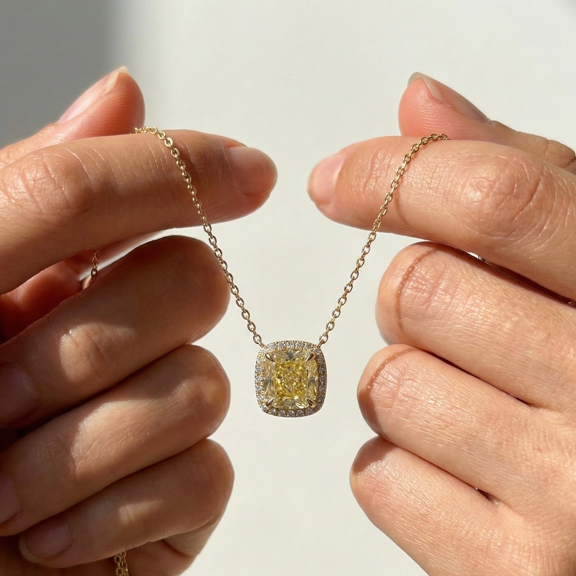 3.00 CT Canary Yellow Cushion Halo Wedding Pendant in Lab Diamond or Moissanite – 14k Solid Gold,  Wedding Jewelry, Anniversary Gift for Her