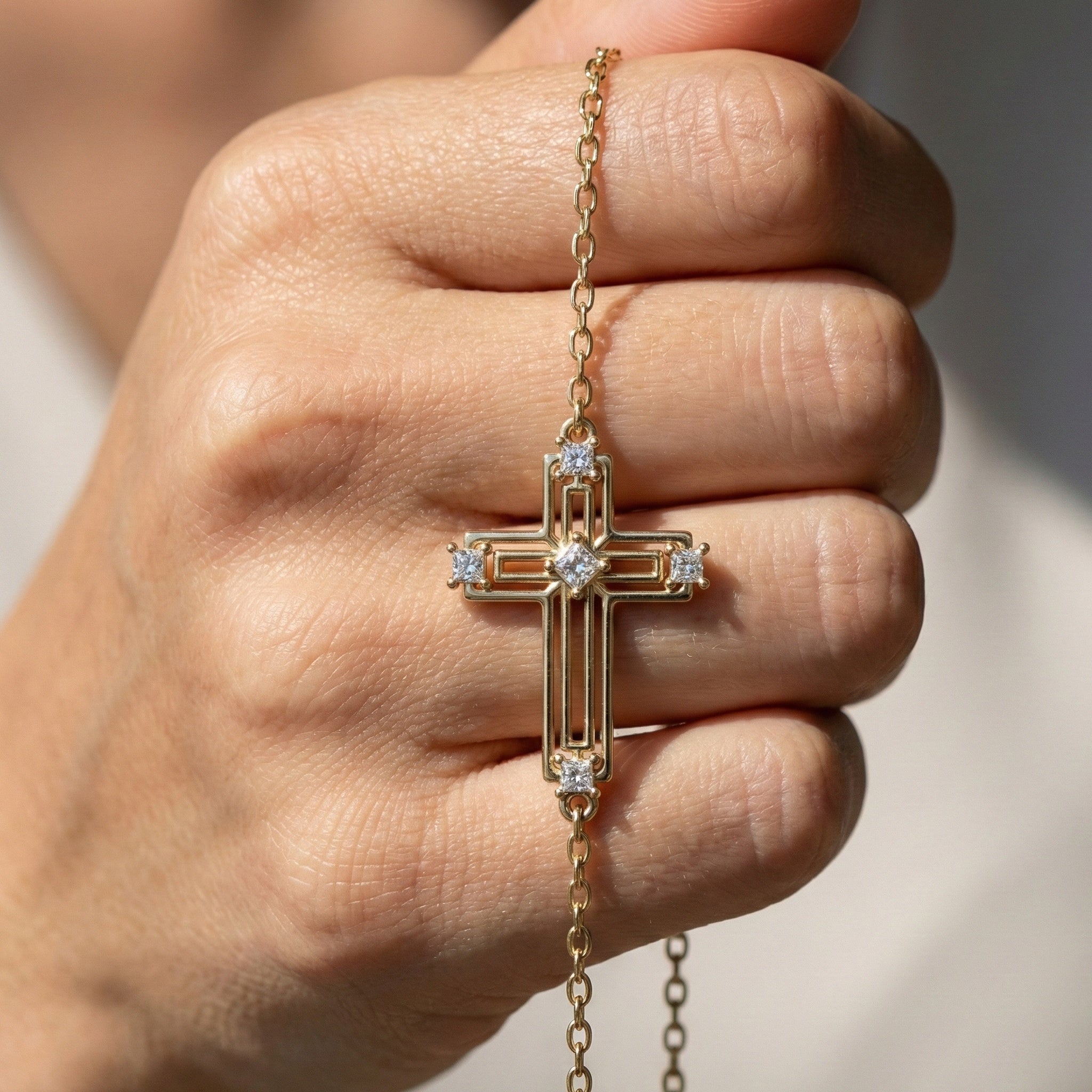 Open Work Cross Chain Bracelet in 14K Solid Gold, 0.32 TCW Princess Cut Lab Created Diamonds, Faith Jewelry, Anniversary Gift for Her, Everyday Bracelet