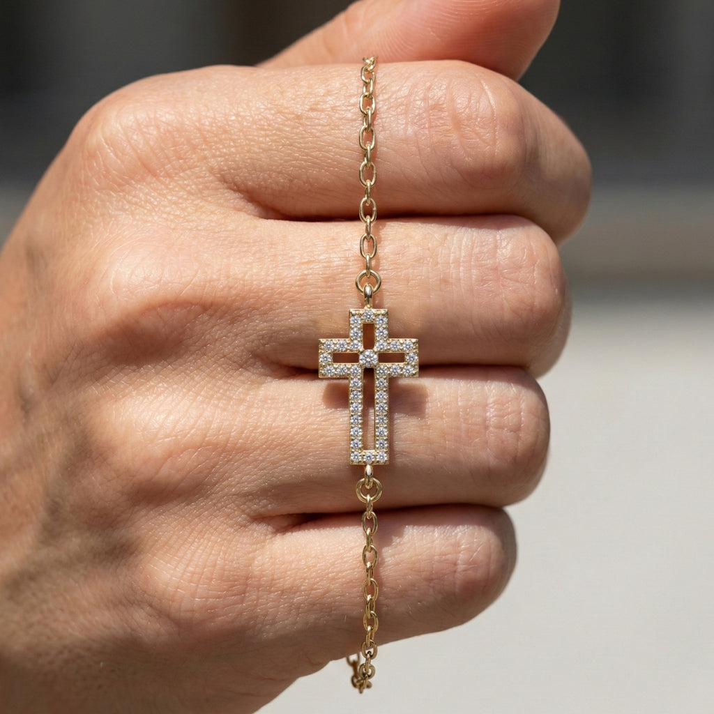 Dainty open cross bar Chain bracelet in 14K Solid Gold, 0.15 TCW Round Cut Lab Created Diamonds, Minimalist Bracelet, Wedding Gift for Her