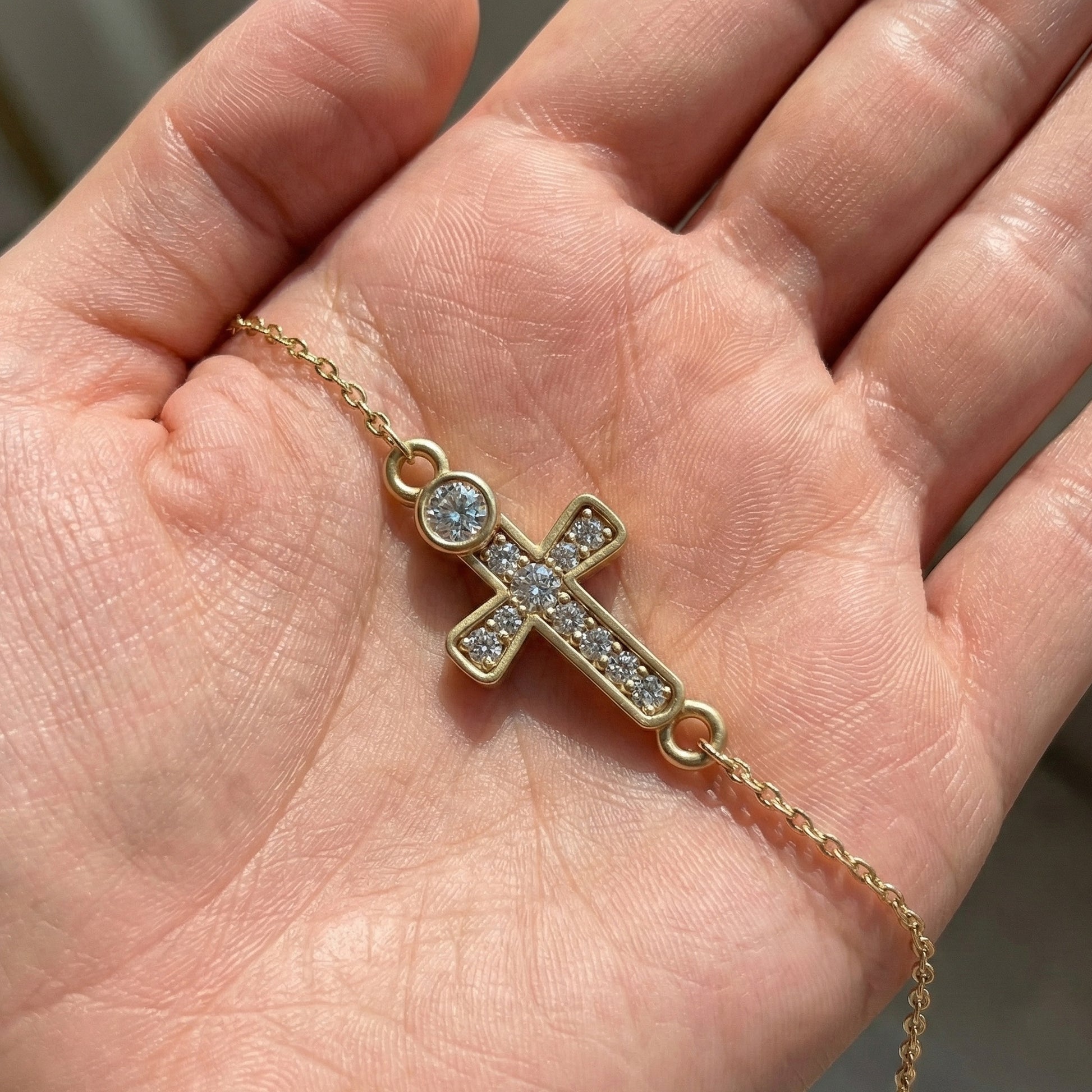 Sparkling Bezel and Cross Chain Bracelet in 14K Solid Gold, 0.13 TCW Round Cut Lab Created Diamonds, Birthday Gift For Her, Faith Jewelry