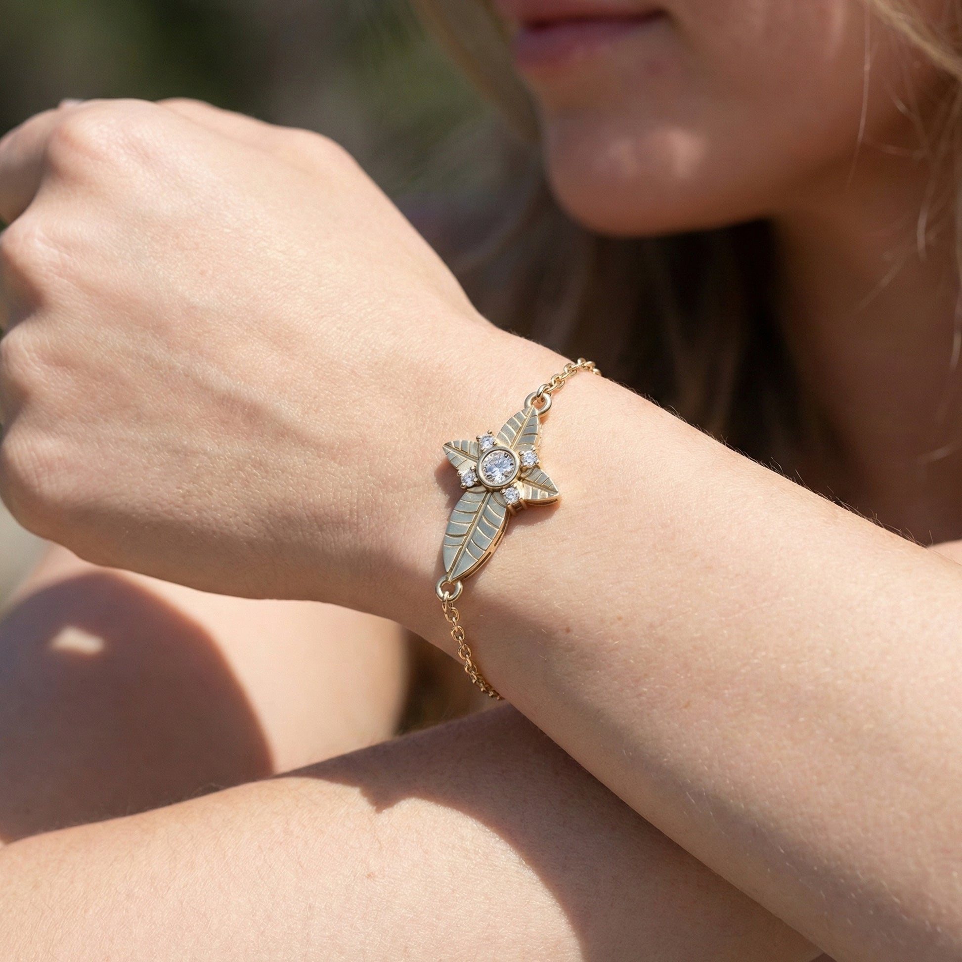 Nature Leaf Cross Charm Bracelet in 14k Solid Gold, 0.20 TCW Round Cut Lab Grown Diamonds, Botanical Bracelet, Gift for Her, Wedding Jewelry