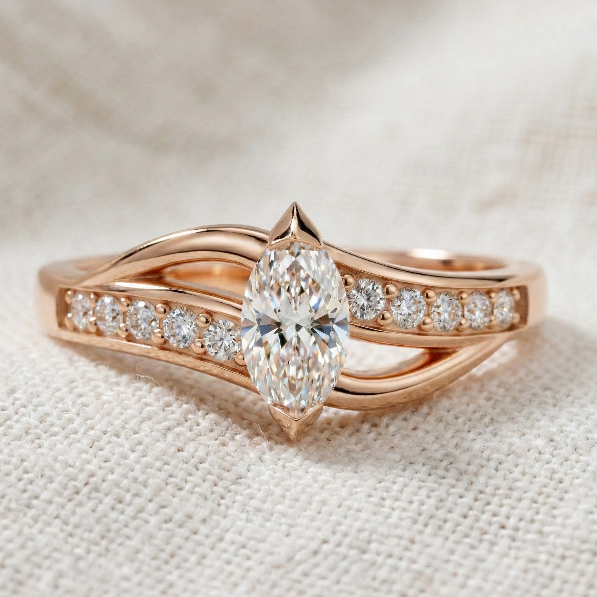 Marquise Split Shank Pave Engagement Ring in 14k Solid Gold, 0.43 TCW Marquise/Round Cut Sculpted Twist Unique Ring, Everyday Gift for Women