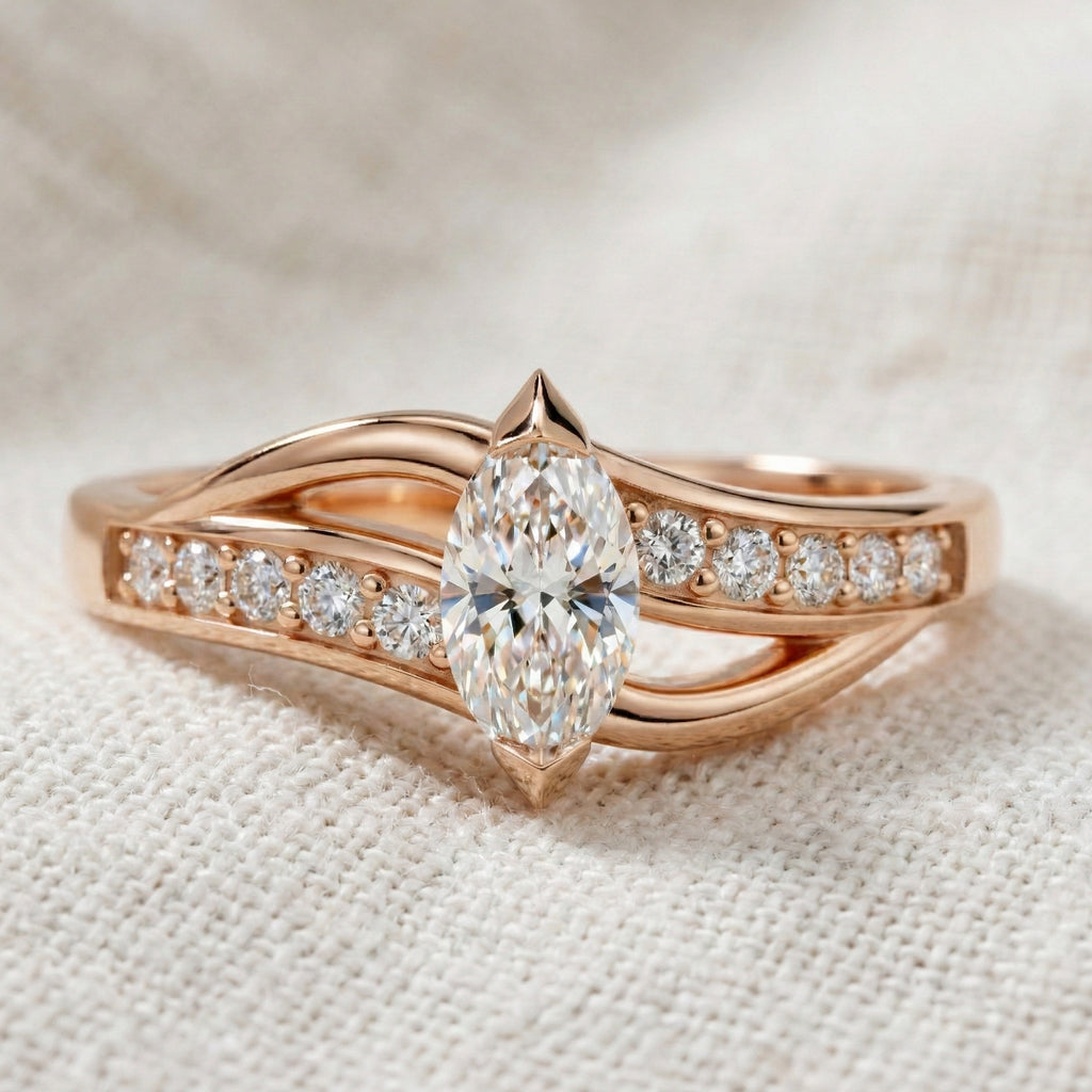 Marquise Split Shank Pave Engagement Ring in 14k Solid Gold, 0.43 TCW Marquise/Round Cut Sculpted Twist Unique Ring, Everyday Gift for Women