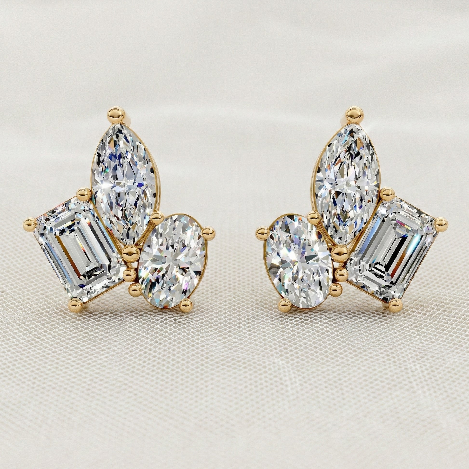 Three Stone Cluster Wedding Earrings in 14k Solid Gold, 3.00 TCW Marquise/Oval/Emerald Cut Lab Grown Diamonds, Trio Stud Earrings For Women, Anniversary Gift