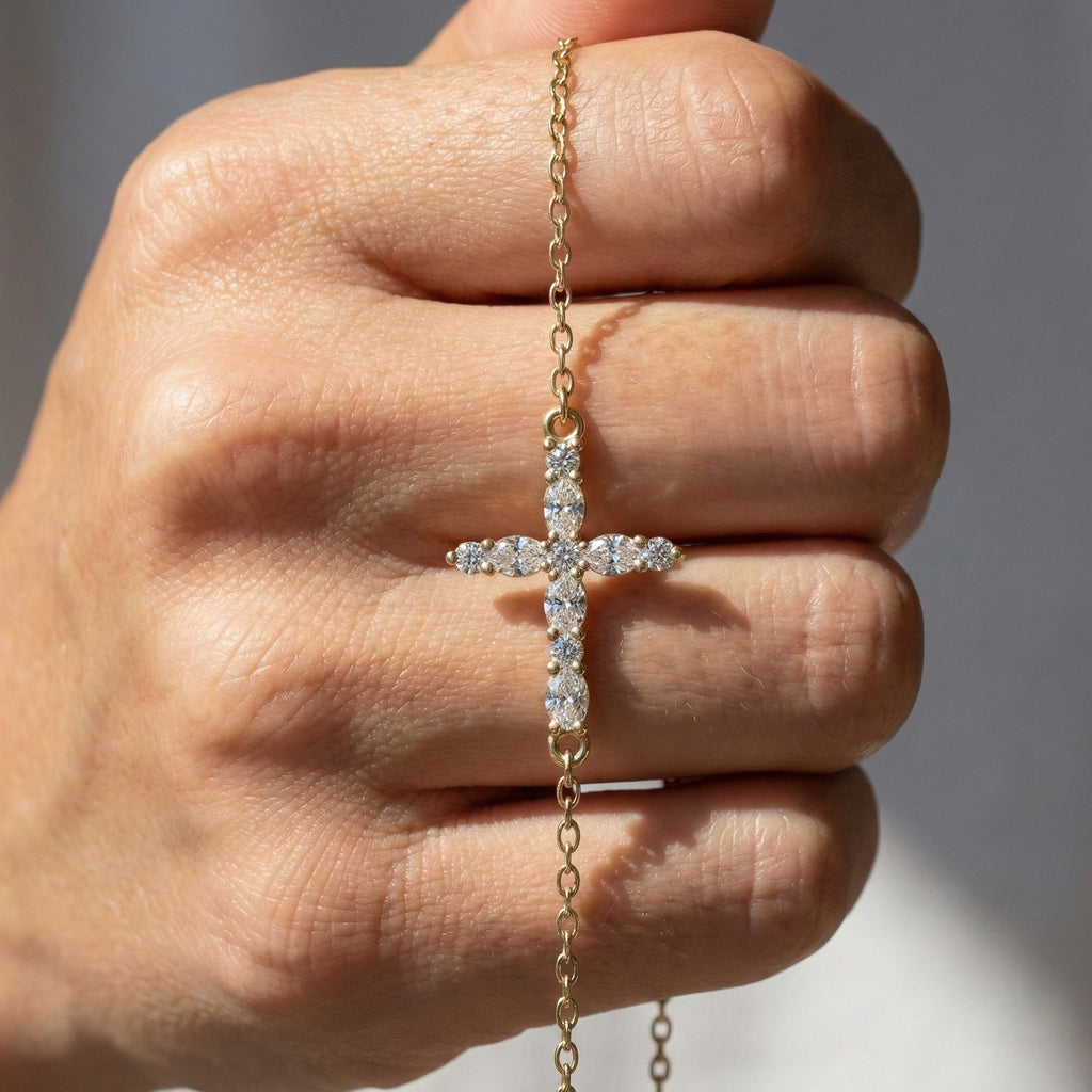 Sparkling Oval Cluster Cross Chain Bracelet in 14K Solid Gold, 0.75 TCW Oval Cut Lab Grown Diamonds, Faith Bracelet, Birthday Gift for Her