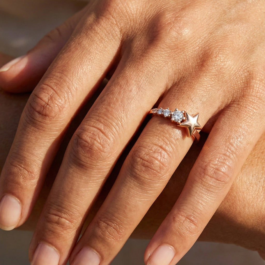 Dainty Five Star Antique Engagement Ring in 14K Solid Gold, 0.16 TCW Round Cut Lab Created Diamonds, Minimalist Promise Ring, Fashion Jewelry