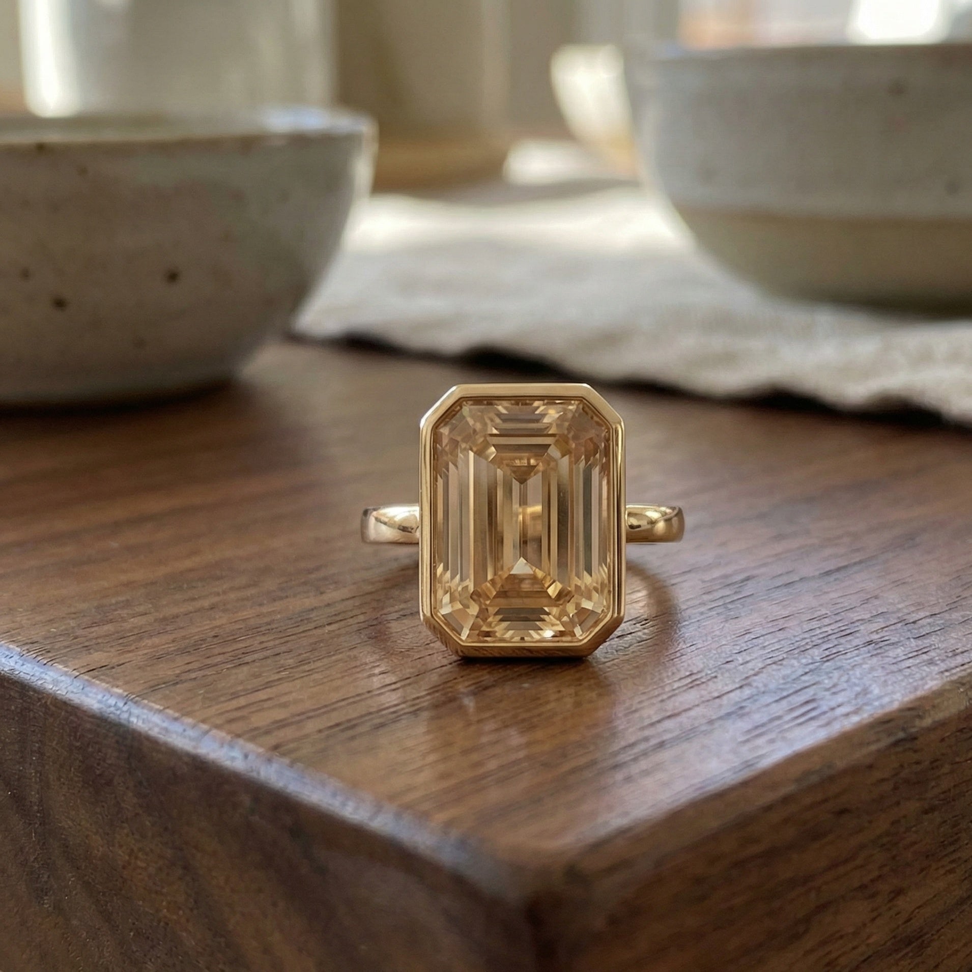Minimal Bezel Set Champagne Gemstone Engagement Ring in 14K Solid Gold, 10.00 CT Emerald Cut Lab Gemstone, Anniversary Gift for Wife, Handmade Jewelry