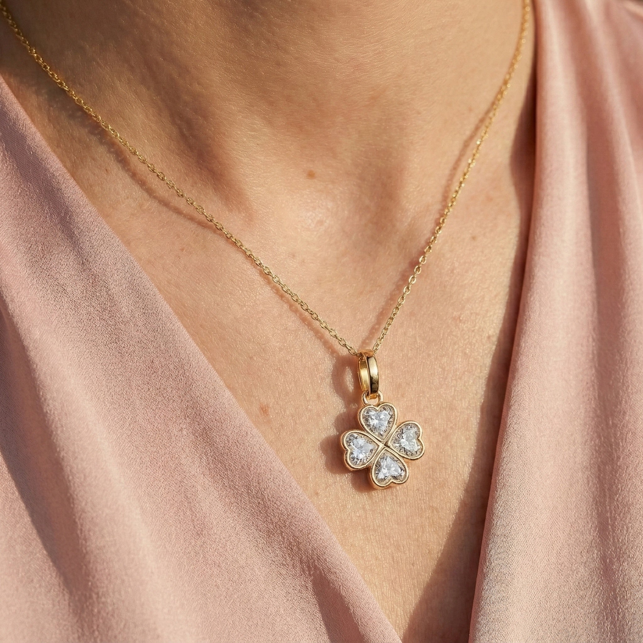 Romantic Heart Clover Floral Pendant in 14K Solid Gold, 2.00 TCW Heart Cut Lab Grown Diamonds, Everyday Gift for Her, Bridal Jewelry