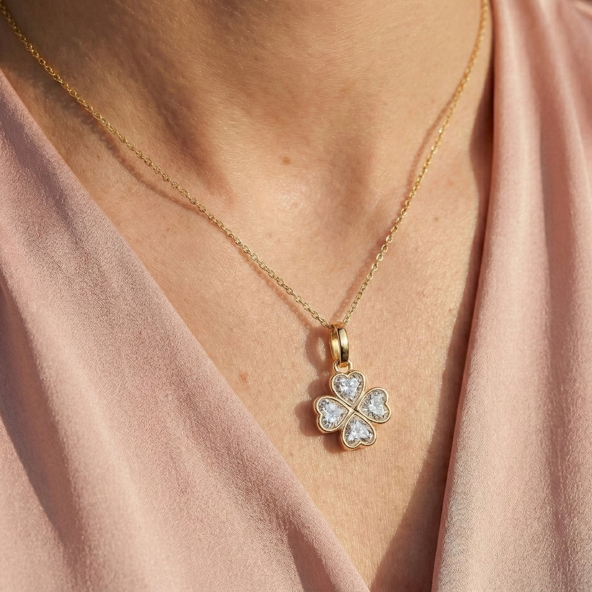 Romantic Heart Clover Floral Pendant in 14K Solid Gold, 2.00 TCW Heart Cut Lab Grown Diamonds, Everyday Gift for Her, Bridal Jewelry