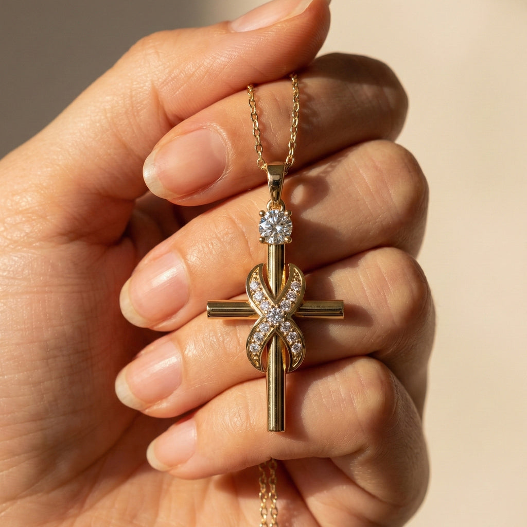 Classic Infinity Accent Cross Pendant in 14K Solid Gold, 0.44 TCW Round Cut Lab Diamonds, Gift for Her, Spiritual Jewelry