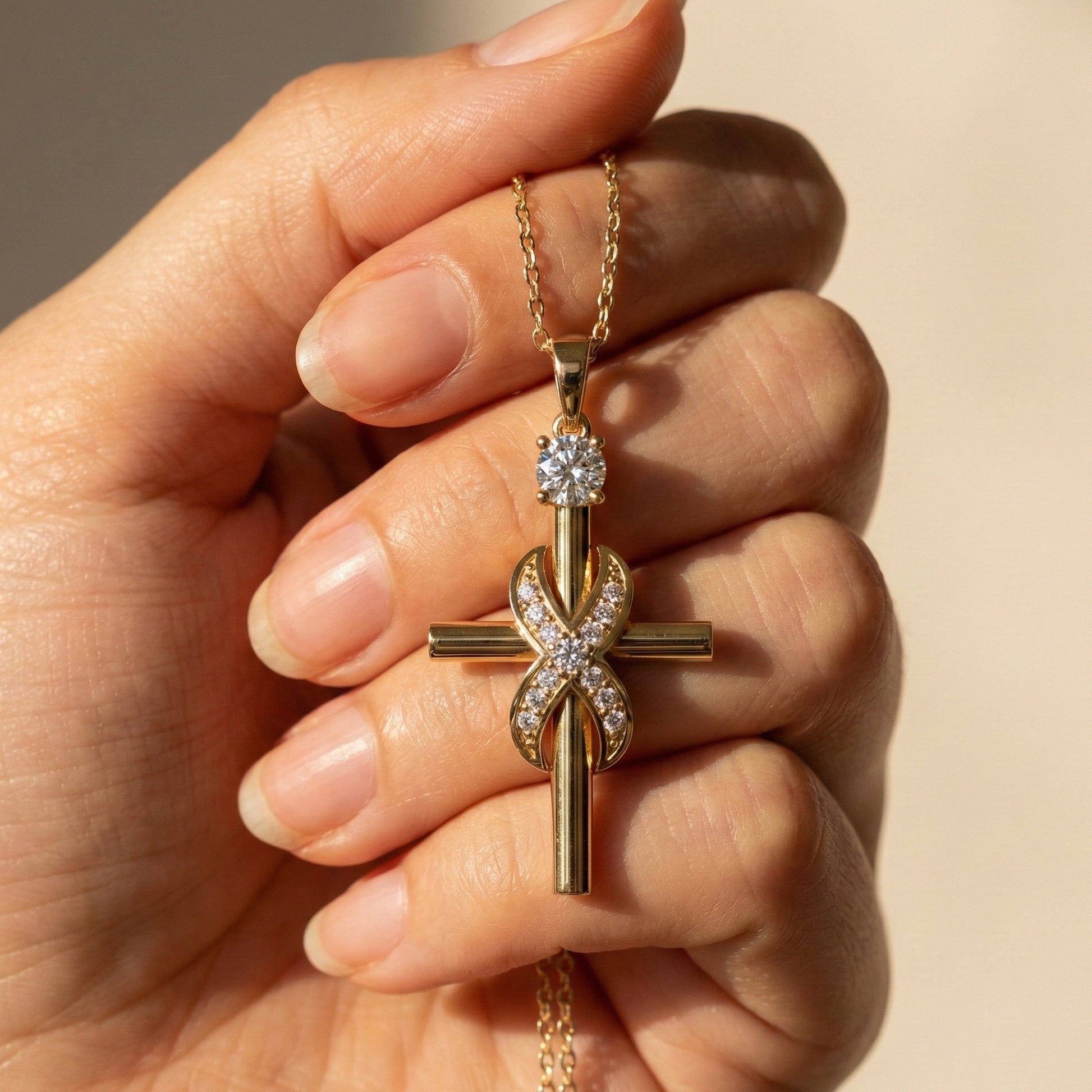 Classic Infinity Accent Cross Pendant in 14K Solid Gold, 0.44 TCW Round Cut Lab Diamonds, Gift for Her, Spiritual Jewelry