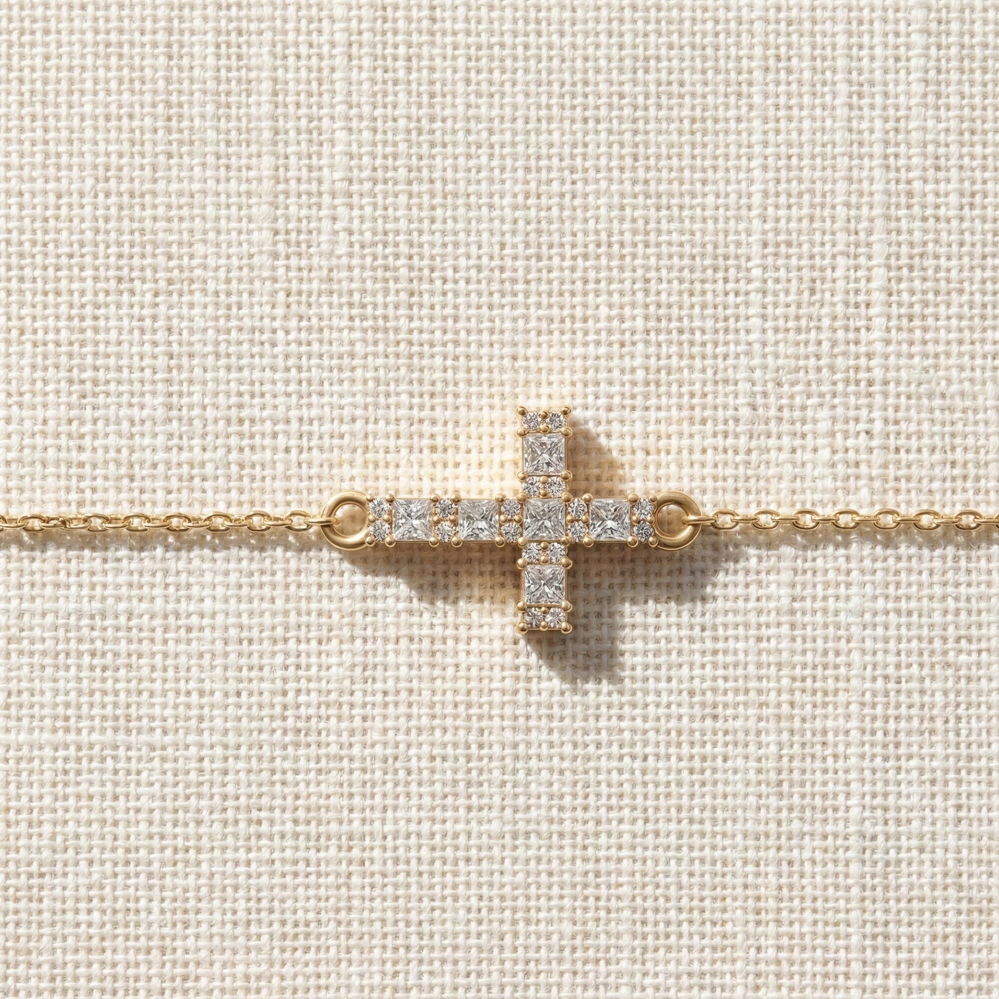 Modern princess cut cross Chain bracelet in 14K Solid Gold, 0.42 TCW Princess Cut Lab Created Diamonds, Baptism Bracelet, Gift for Her, Daily Wear Jewelry