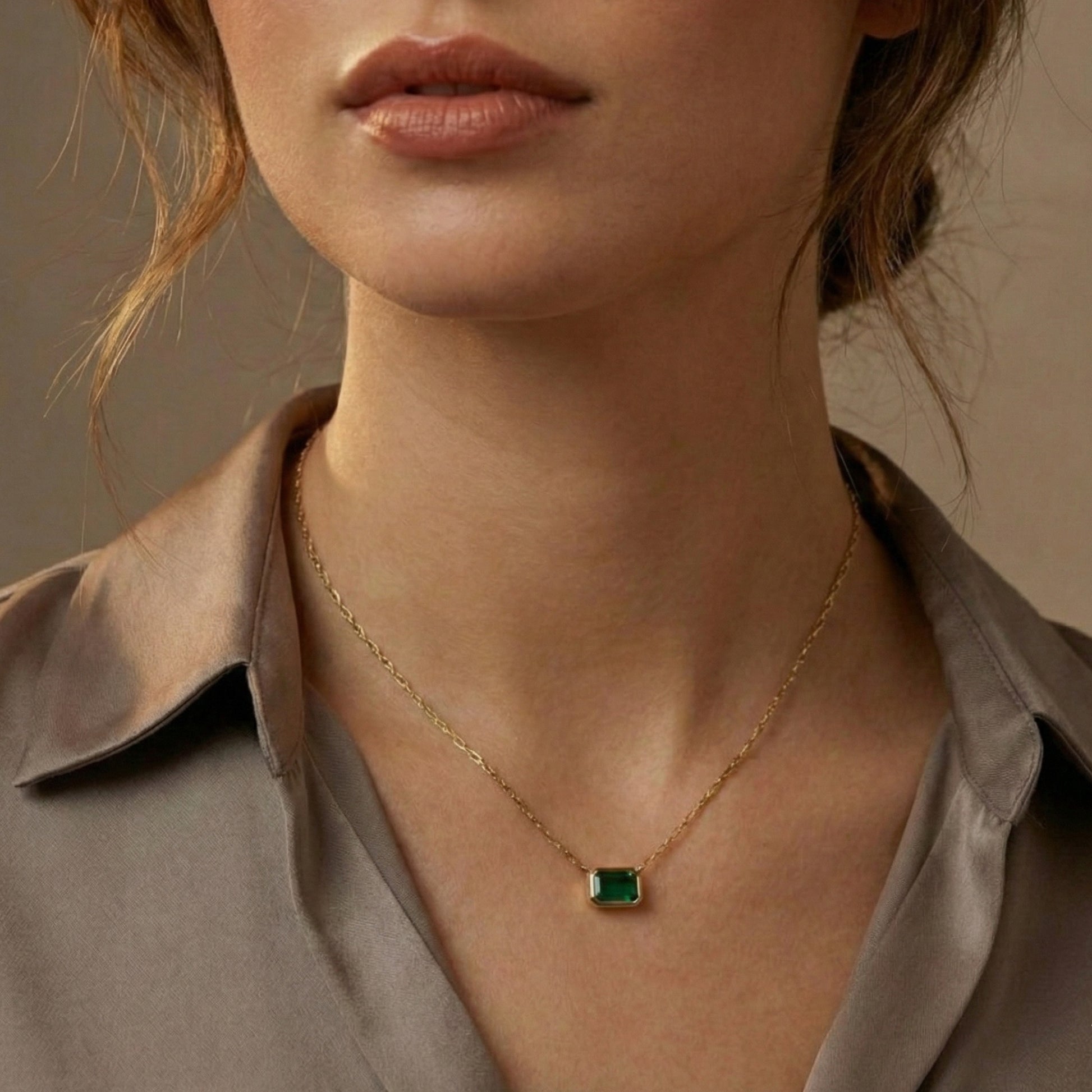 0.50 CT East-West Modern Bezel Set Colombian Green Emerald Cut Solitaire Pendant in Lab Diamond or Moissanite – 14K Solid Gold, Wedding Gift for Her, Handmade Jewelry