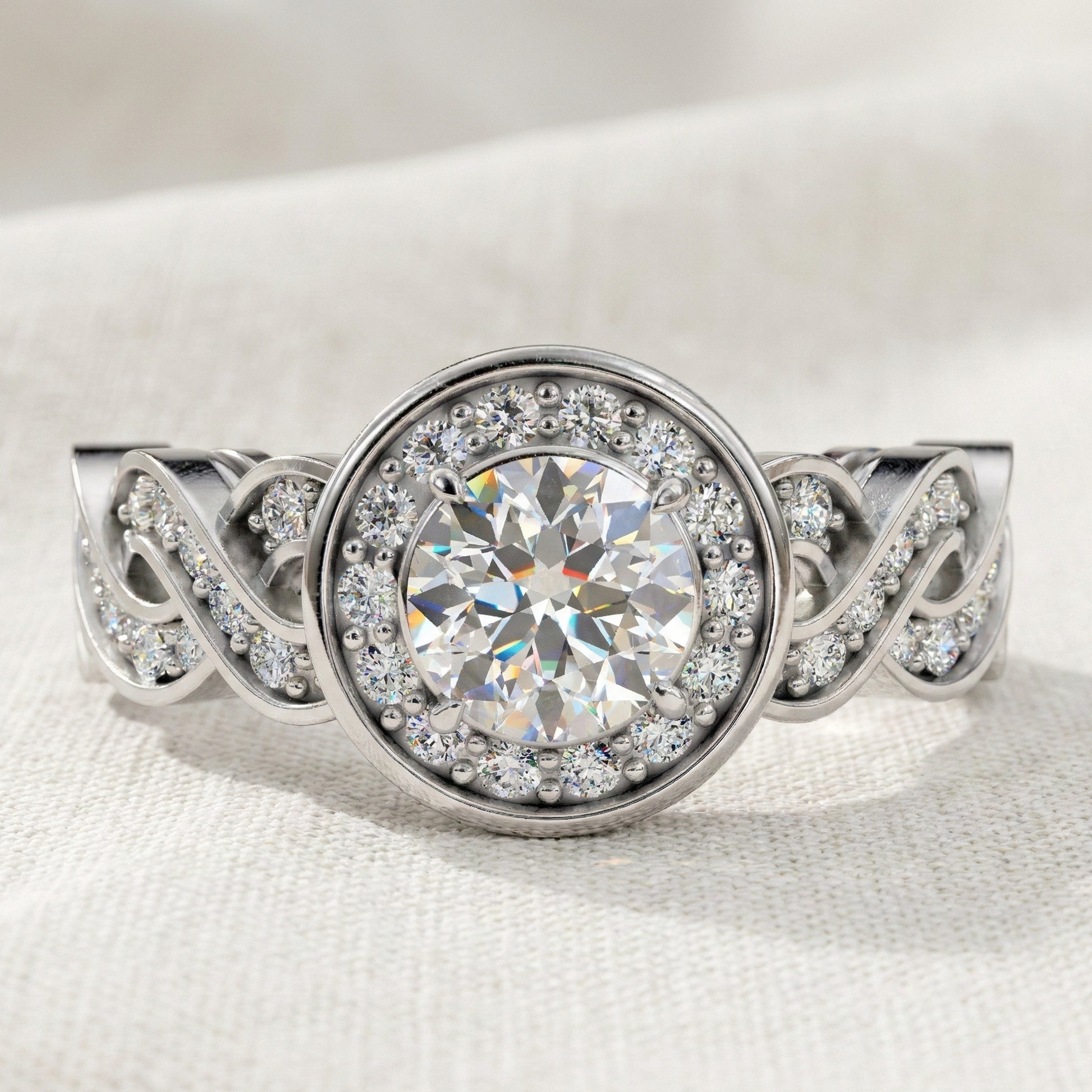 Vintage Halo Twisted Band Wedding Ring in 14k Gold or Sterling Silver, Bridal Gift for Her, Unique Ring For Women, Everyday Jewelry