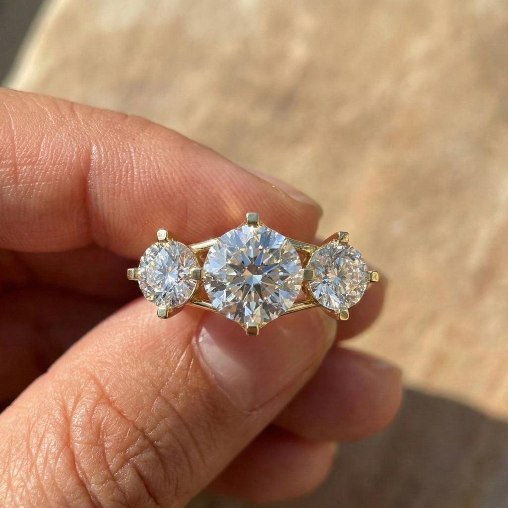 Classic Three Stone Ring with Round Cut Trio in Moissanite or Lab Grown Diamond – 9k/14k Solid Gold or Sterling Silver Engagement Ring Gift