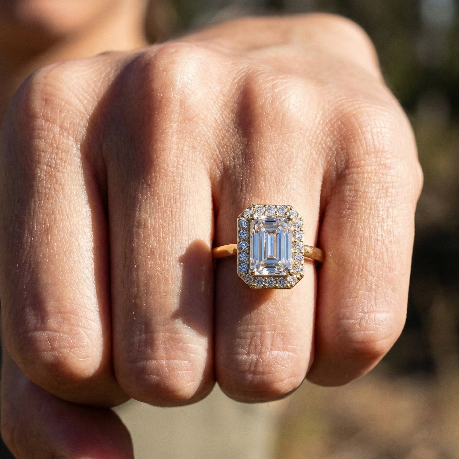 Emerald Halo Art Deco Engagement Ring in Lab Diamond or Moissanite – Solid 9k/14k Gold or Sterling Silver Wedding Ring Gift for Wife, Anniversary GIft