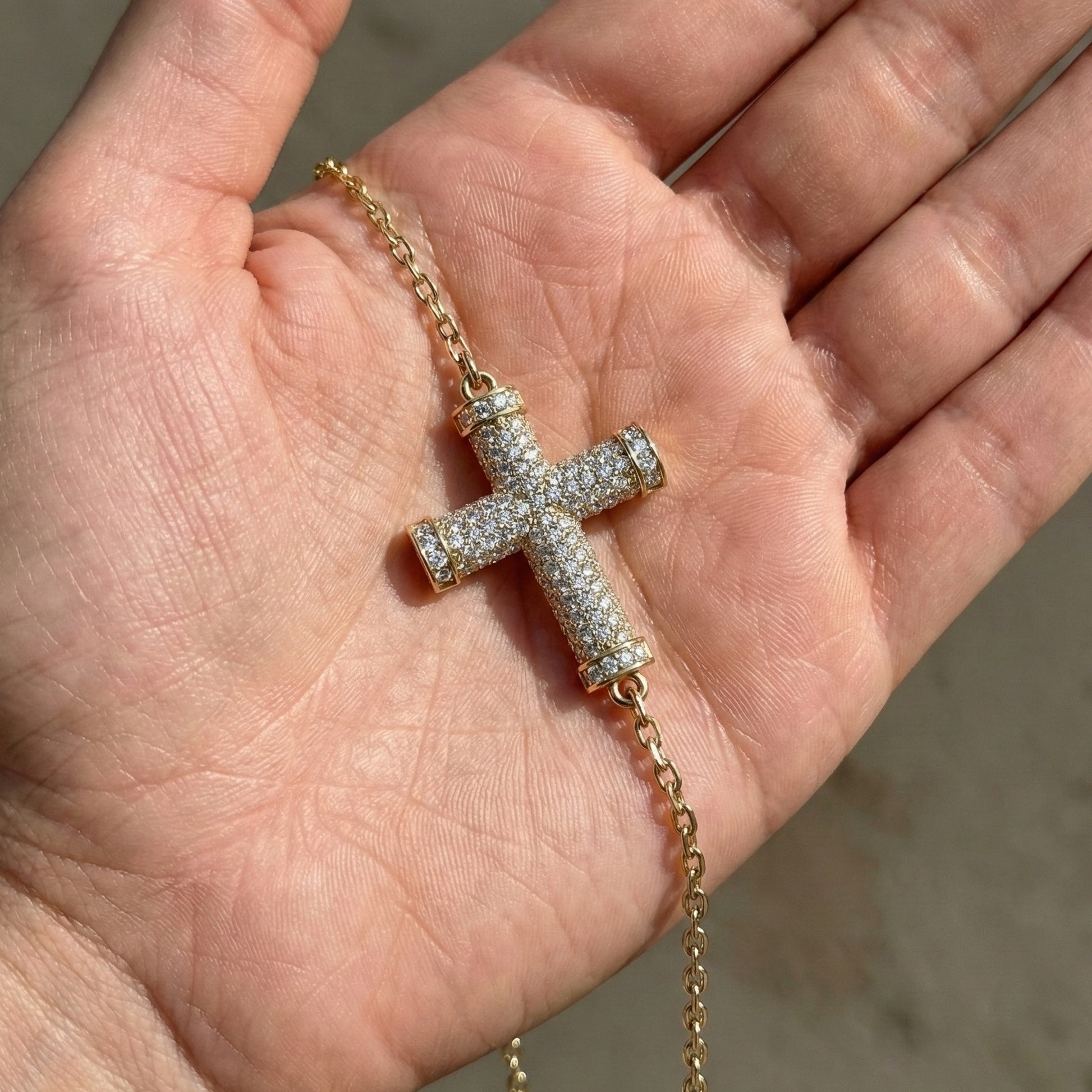 Statement Pavé Cross Design Bracelet in 14K Solid Gold, 0.58 TCW Round Cut Lab Grown Diamonds, Handmade Chain Bracelet, Anniversary Gift for Her