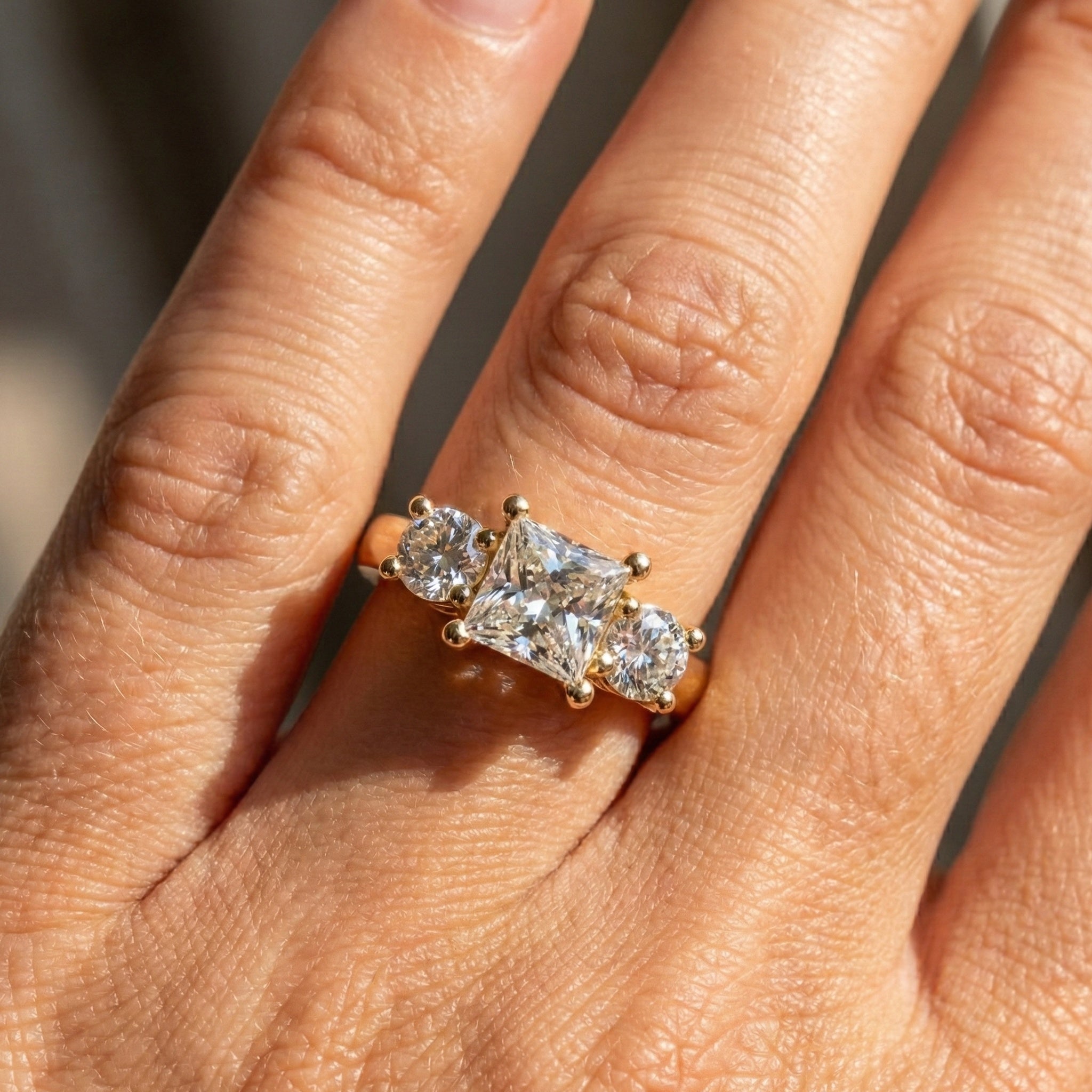 Princess and Round Trio Stone Engagement Ring in 18K Solid Gold, Handmade Jewelry Gift for Wife, Wedding Gift