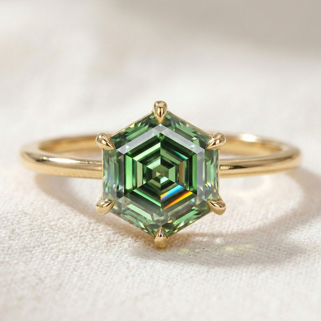 3.00 CT Modern Geometric Hexagon Green Emerald Gemstone Engagement Ring in Lab Diamond – 14K Solid Gold, Wedding Gift for Wife, Daily Wear