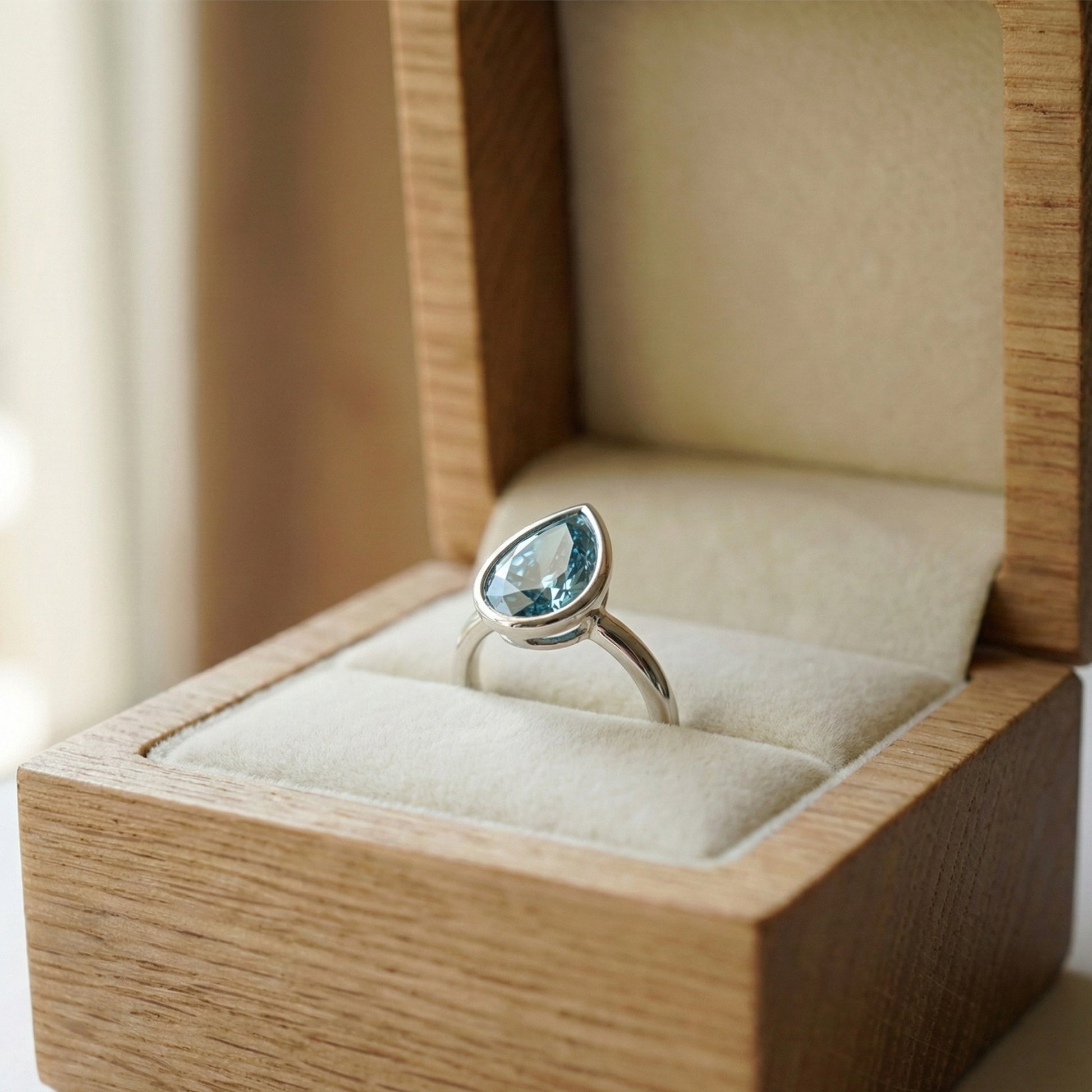 Cyan Blue Teardrop Bezel Set Solitaire Engagement Ring in 14K Solid Gold, 5.00 CT Pear Cut Moissanite, Birthday Gift For Wife,  Daily Wear Jewelry