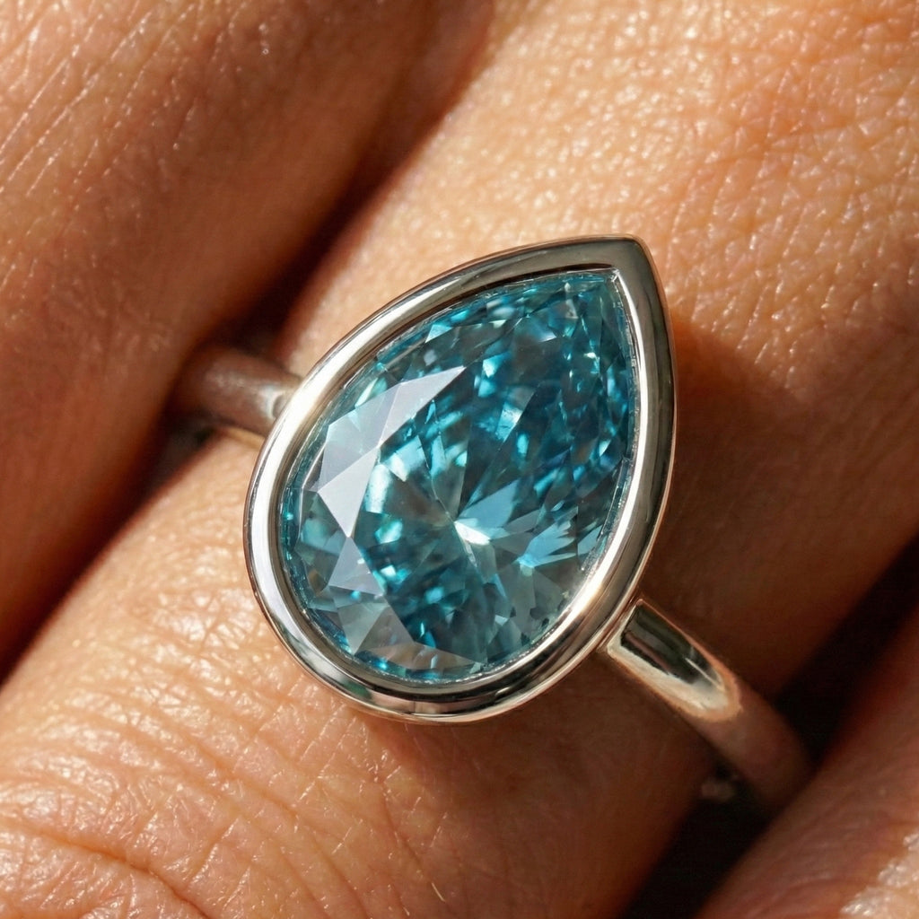 Cyan Blue Teardrop Bezel Set Solitaire Engagement Ring in 14K Solid Gold, 5.00 CT Pear Cut Moissanite, Birthday Gift For Wife,  Daily Wear Jewelry